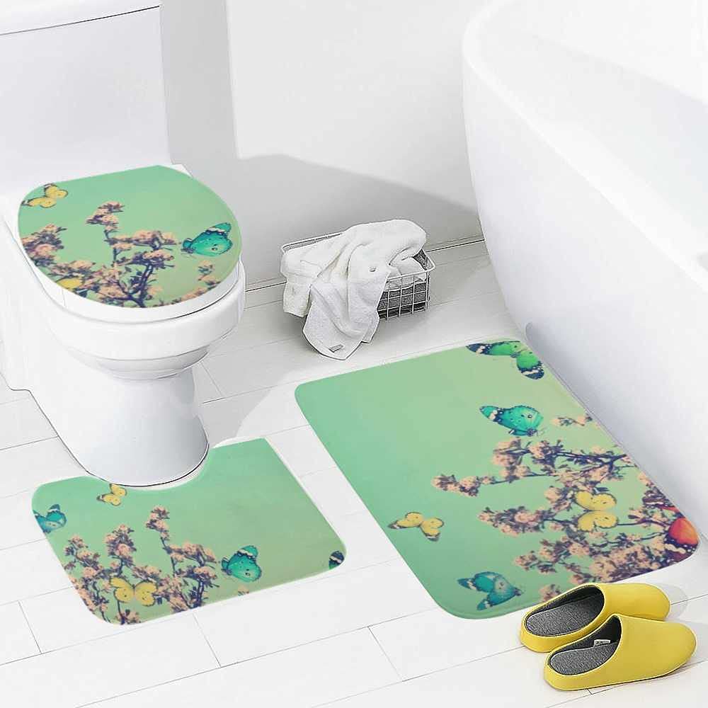 Hapuxt 3-Piece Vintage Spring Blossom Tree & Butterflies Bath Rug Set - Anti-Slip Absorbent Bath Mats, Toilet Lid Cover & U-Shaped Contour Rug - Machine Washable for Bathroom Safety & Comfort - Perfect for Vintage-Themed Bathrooms, Guest Suites & Cozy Home Decor