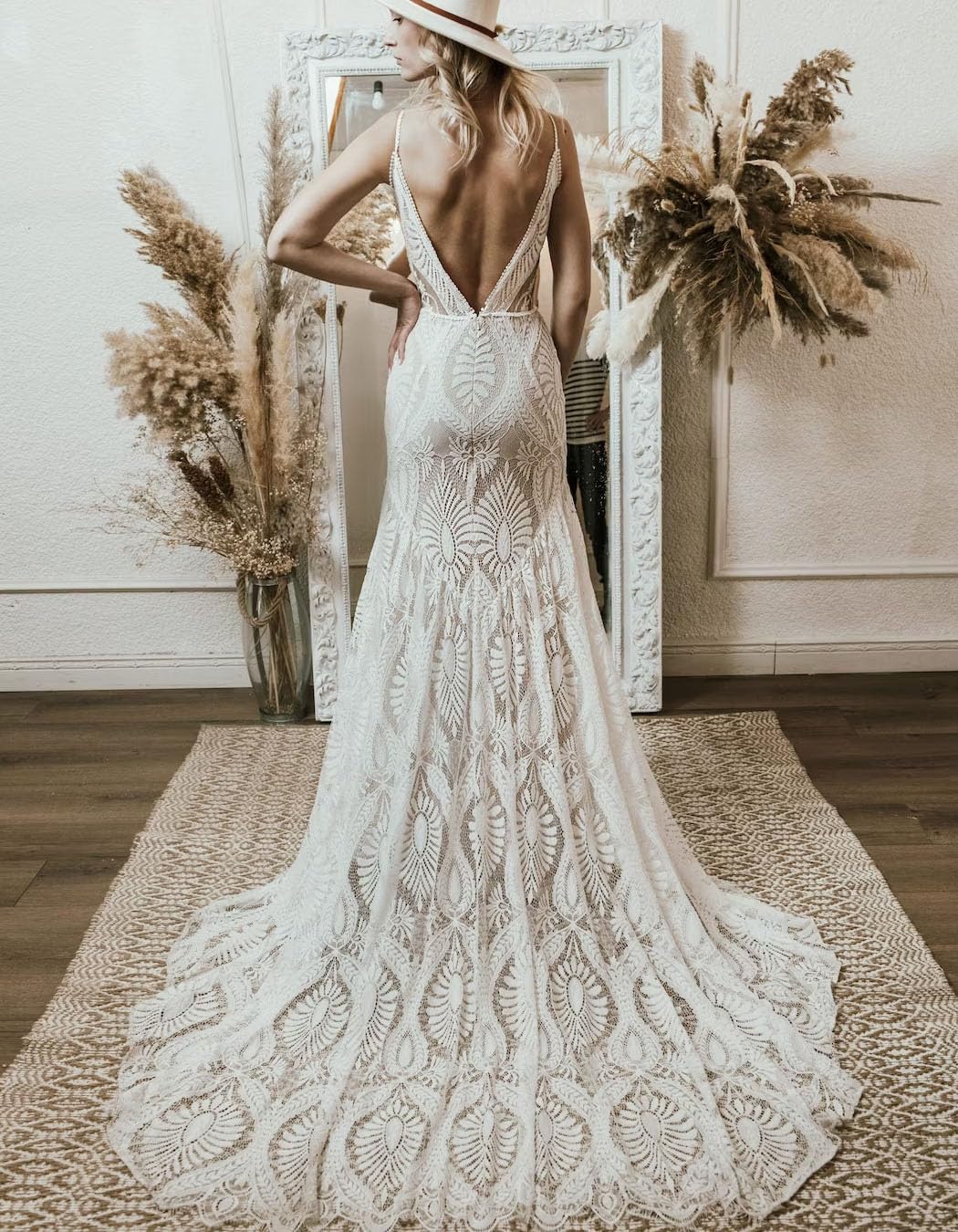Boho Lace Wedding Dress with Long Sleeves | Deep V-Neck Backless Sheath Gown | Bohemian Bridal Dress for Beach, Garden & Outdoor Weddings