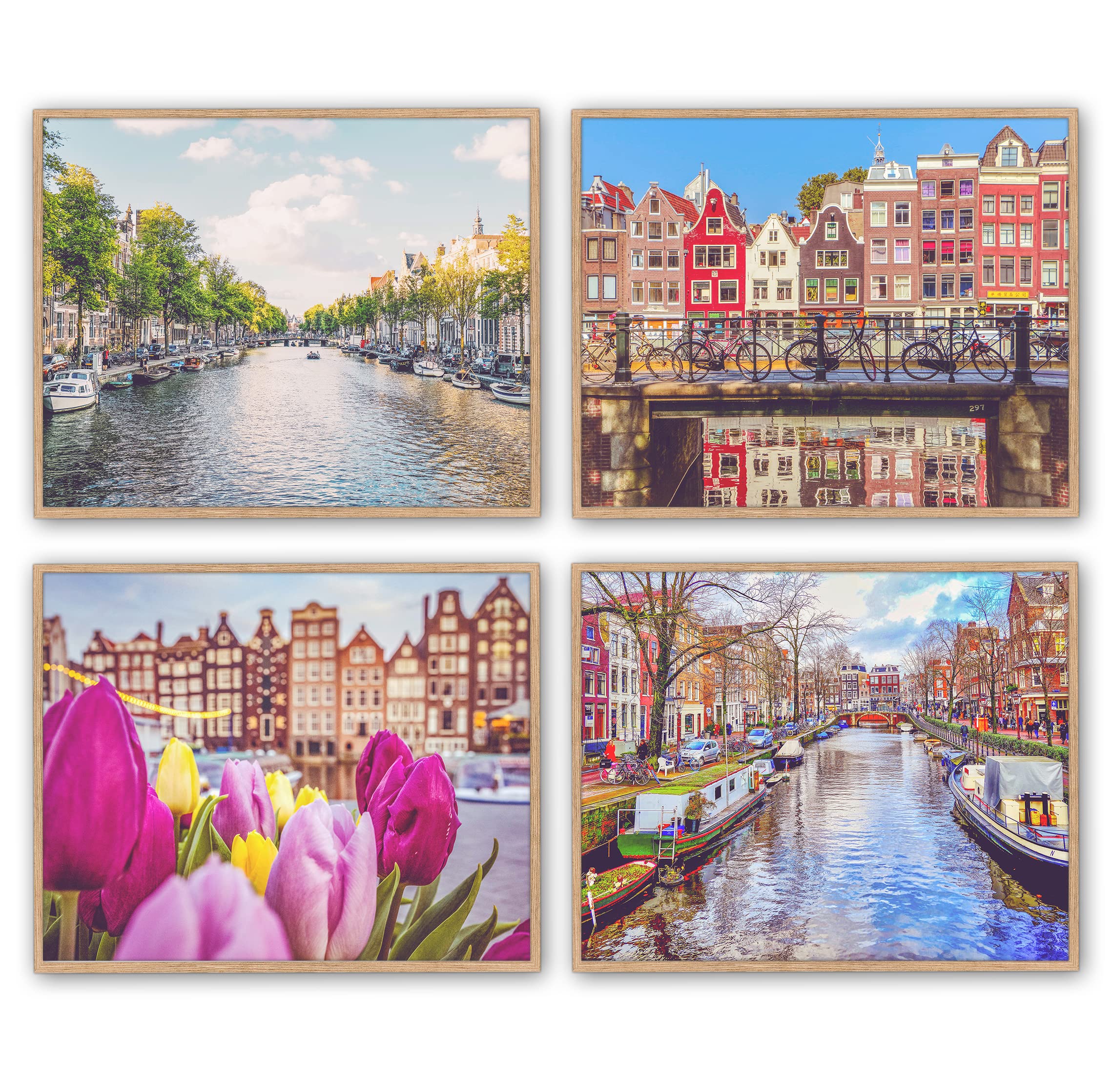Vintage Netherlands Photography Prints - Set of 4 Unframed 8x10 Wall Art Decor (Bicycles, Canals, Tulips, Amsterdam) - Perfect for Living Room, Office & Dutch-Themed Home Decor