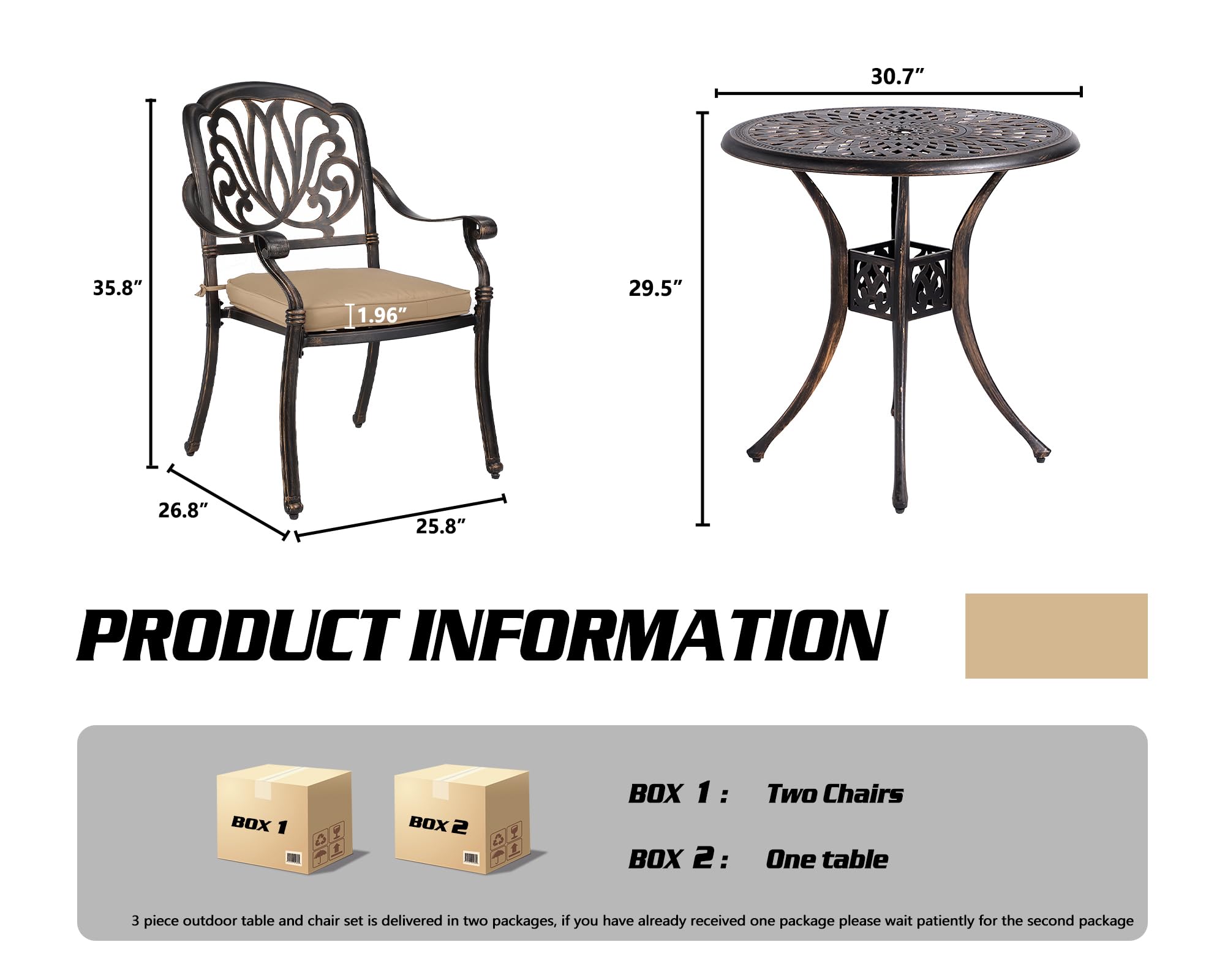 TITIMO 3-Piece Cast Aluminum Patio Dining Set - Outdoor Bistro Table & Chairs with Cushions, All-Weather Garden Furniture with Umbrella Hole for Backyard, Deck, Poolside (Khaki) - Perfect for Outdoor Entertaining & Relaxation