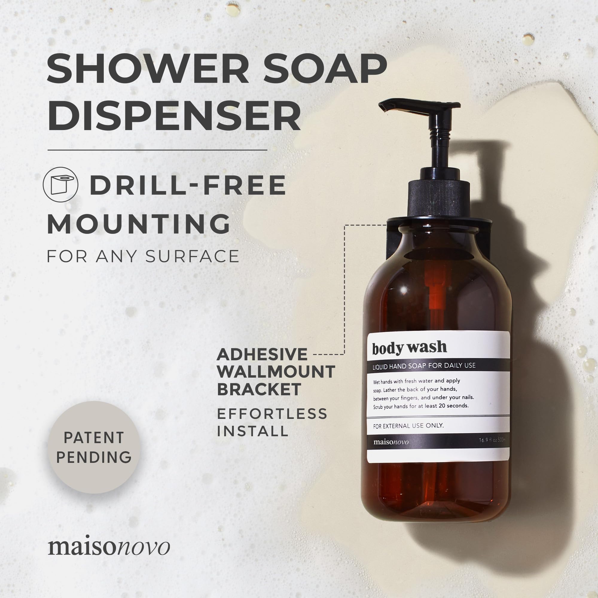MaisoNovo 16.9 fl oz Shampoo & Conditioner Dispenser Set of 3 - Wall Mounted No Drill 3-Chamber Shower Soap Dispenser with Black Pump - Amber Plastic Bottles for Bathroom Organization & Spa-Like Experience