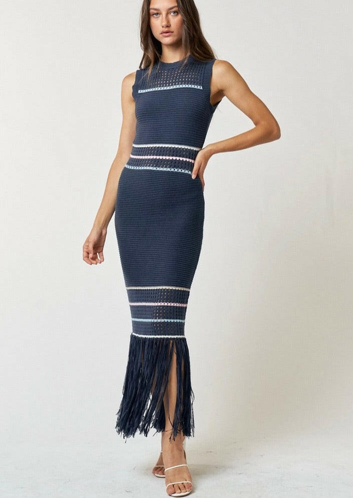 Navy Blue Striped Knit Maxi Dress for Women - Elegant Long Sleeve Beach Cover Up & Summer Casual Outfit