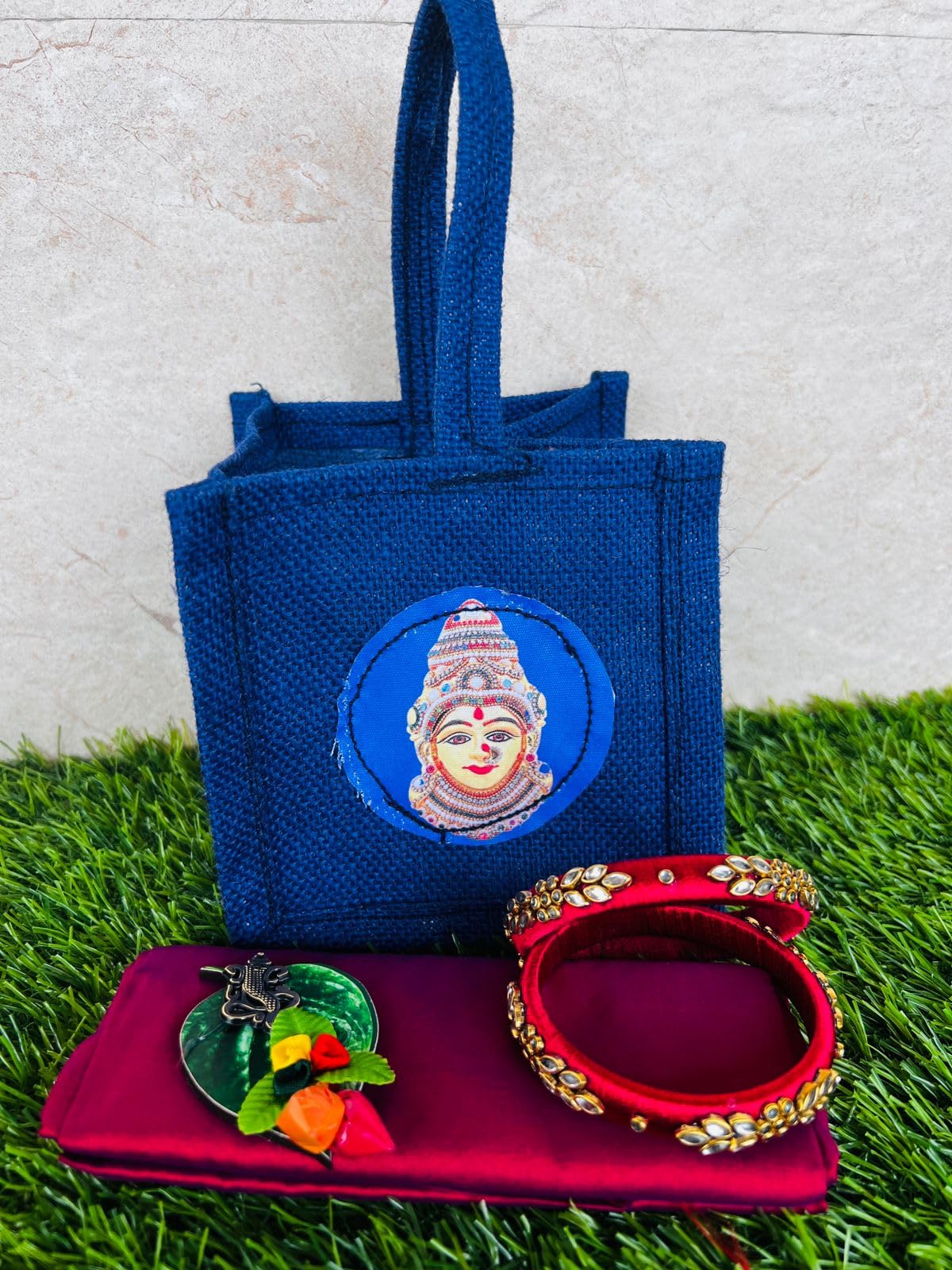 Eco-Friendly ARC Jute Bags with Varalakshmi Print - 5-Piece Set Includes Thread Bangles, Blouse Fabric & Betel Leaf Haldi Kumkum - Perfect for Hindu Pooja Return Gifts, Wedding Favors & Festival Giveaways | Sustainable Jute Thamboolam Bags for Religious Ceremonies & Cultural Events