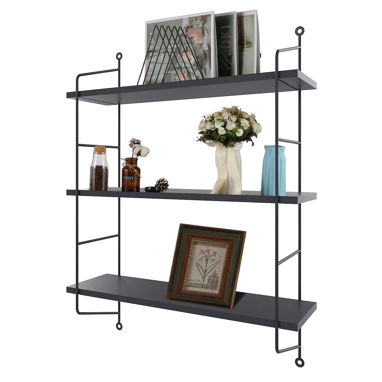 3-Tier Black Wall Shelf - Industrial Floating Shelves for Bathroom & Bedroom Storage