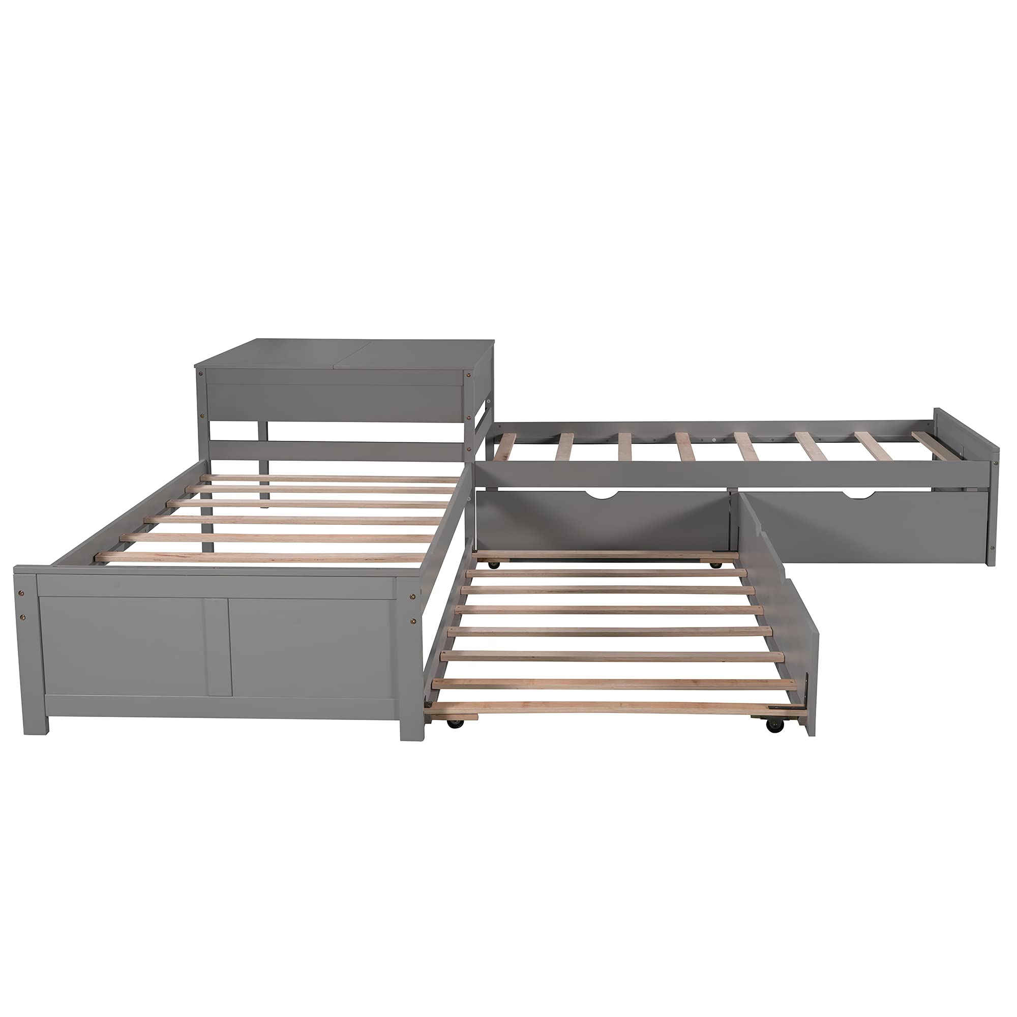 Merax L-Shaped Twin Platform Bed with Trundle & Built-in Desk - Space-Saving Wooden Bed Frame with Storage Drawers for Teens & Small Rooms - Perfect for Dorm, Apartment or Guest Room
