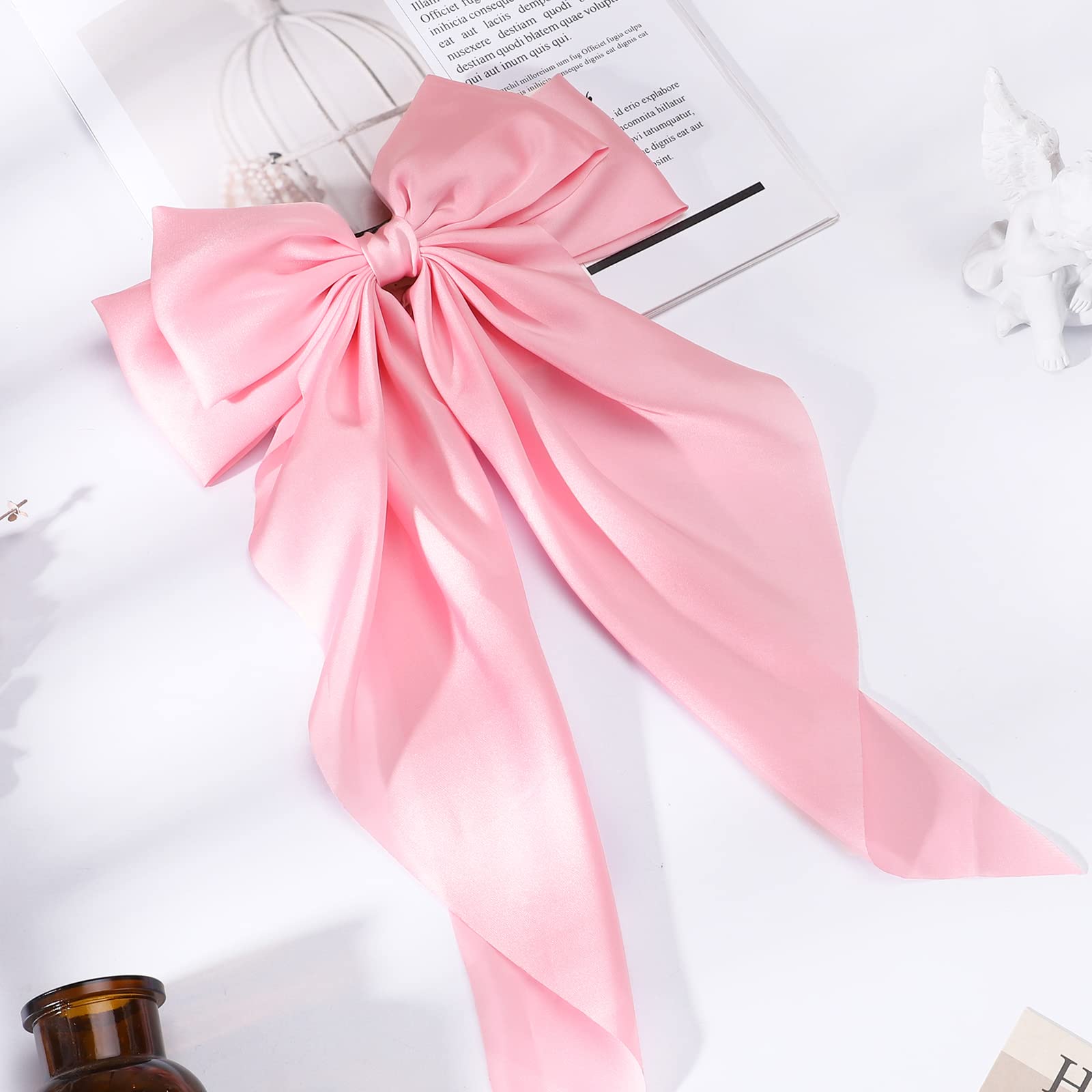 1PC Large Satin Hair Bows for Women & Girls - Giant Long Ribbon Bow Hair Clips, Ponytail Holder, Silk Hair Accessories (Pink) - Perfect for Weddings, Parties & Everyday Style
