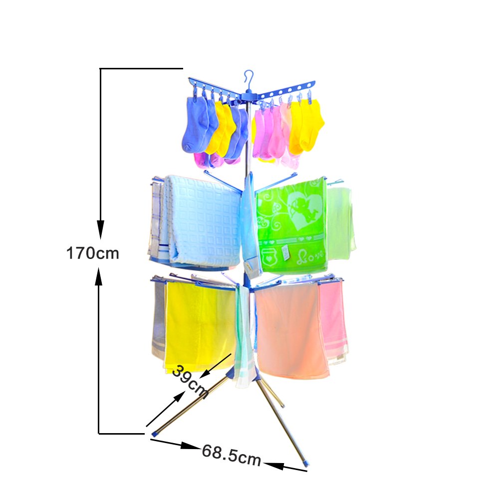 BAOYOUNI 3-Tier Foldable Clothes Drying Rack - Space Saving Laundry Organizer with 24 Clips & 32 Towel Bars for Baby Clothes, Diapers, Socks, Bras, Underwear - Indoor Outdoor Use for Apartments, Balcony, Dorm, RV (Blue)