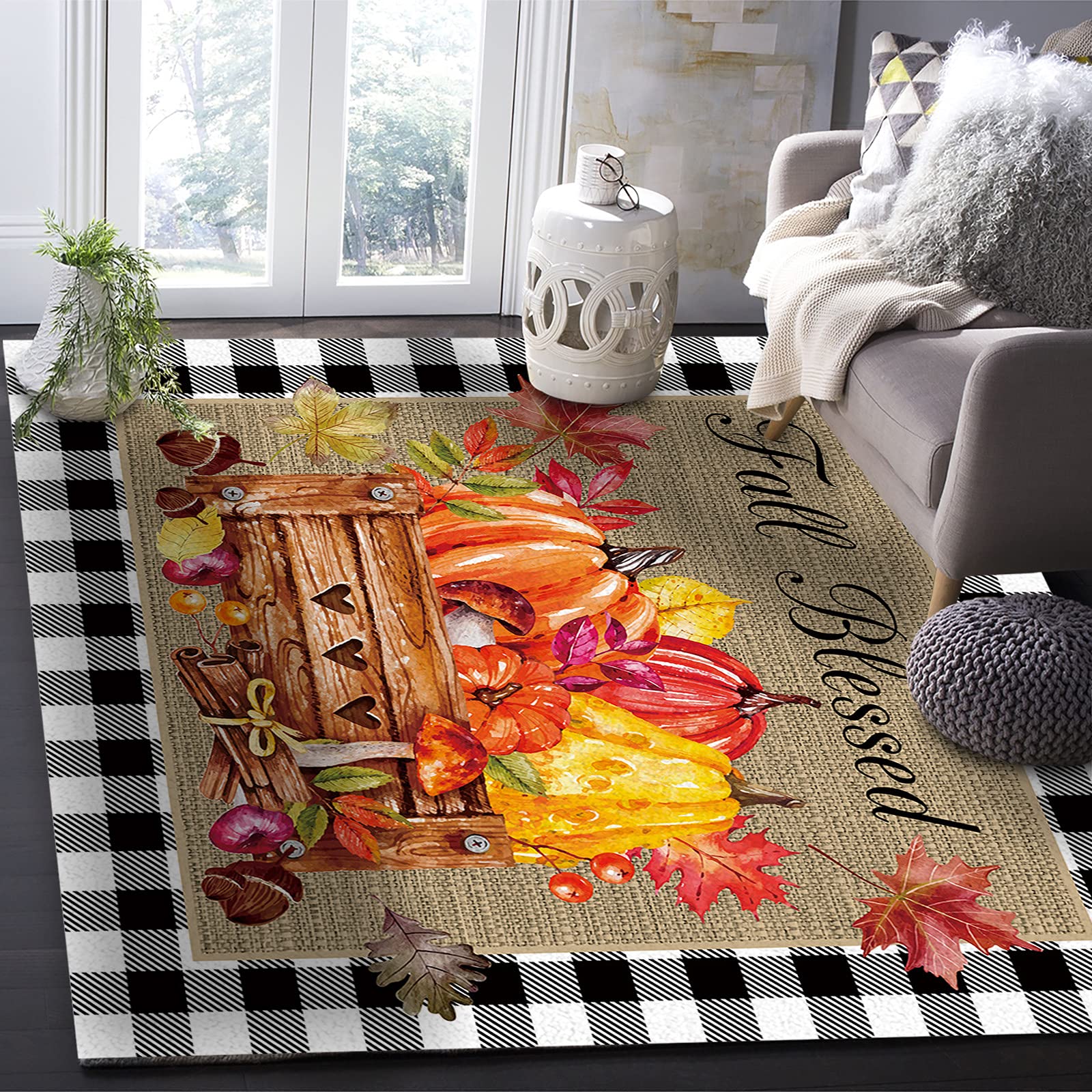 5' x 8' Non-Slip Indoor Area Rug with Fall Pumpkins & Sunflowers Design - Modern Checkered Throw Carpet for Living Room, Bedroom, Nursery - Perfect for Thanksgiving Decor & Cozy Home Accents