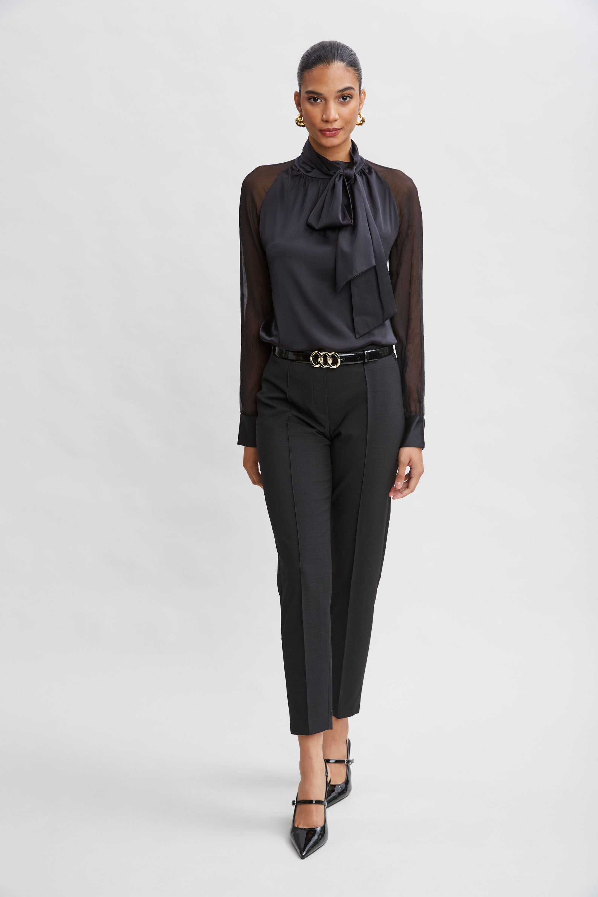 Elegant Chiffon Sleeve Silk Satin Tie Front Blouse for Women - Perfect for Office Wear, Date Night & Special Occasions