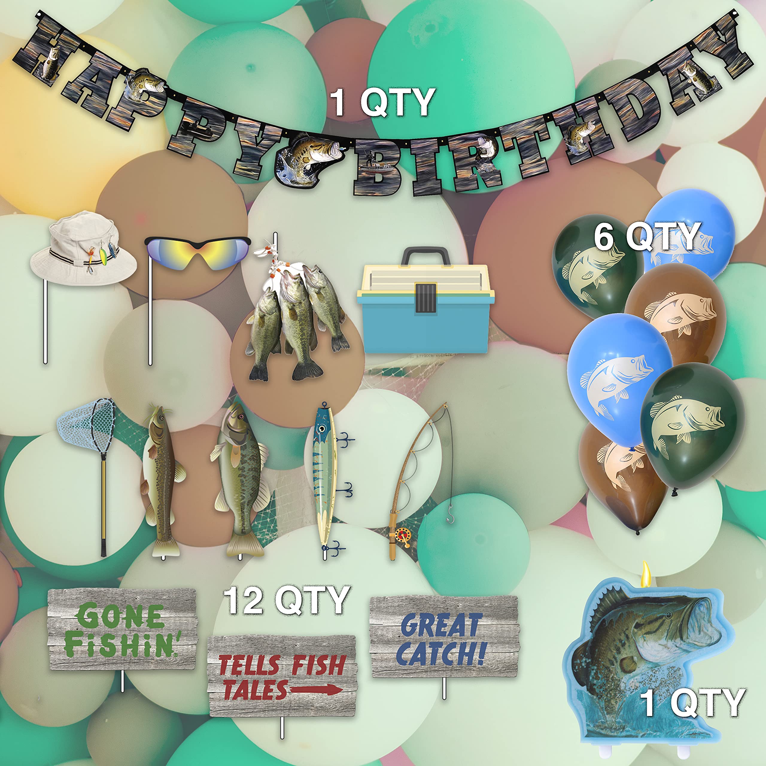 **Havercamp's Gone Fishin' Birthday Party Decorations Kit - Happy Birthday Banner, Cake Topper Candle, 12 Fun Photo Props, 6 Latex Balloons - Perfect for Fishing-Themed Parties & Outdoor Celebrations**