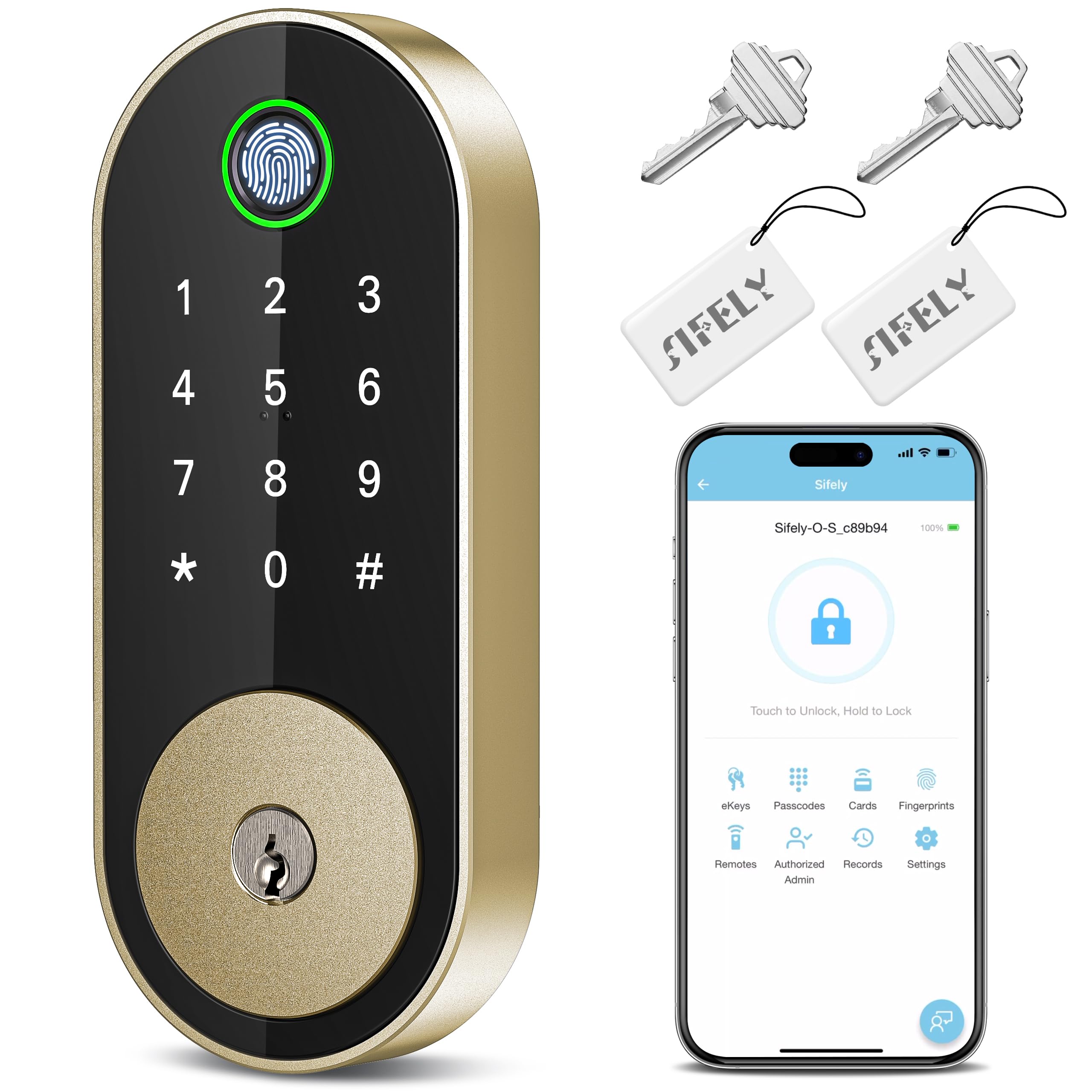 Sifely Smart Lock - Keyless Entry Fingerprint Deadbolt with Keypad & Auto-Lock | Biometric Digital Door Lock for Home Security (Gold) | Perfect for Apartments, Vacation Homes & Airbnb Rentals