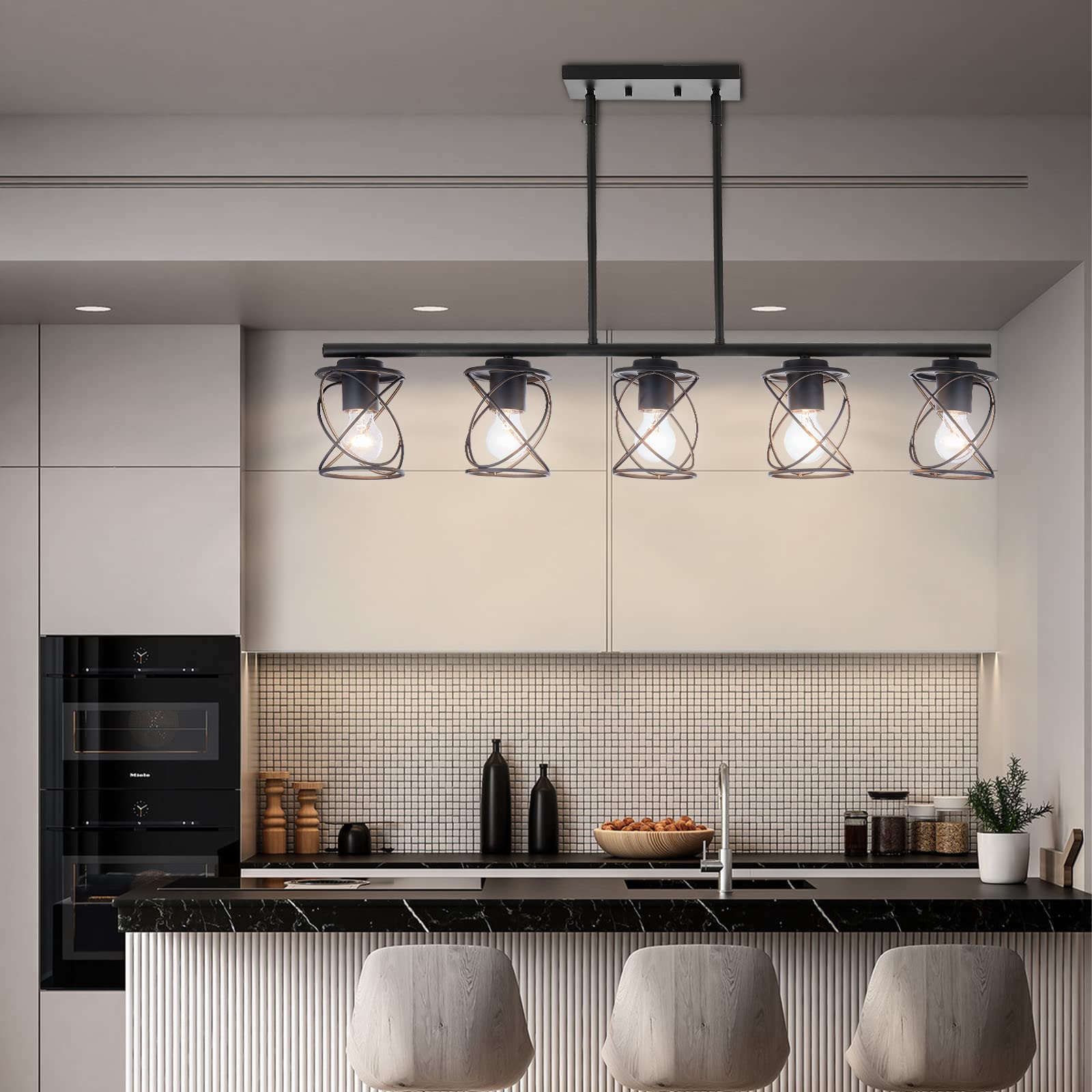 5-Light Farmhouse Linear Pendant Light - Adjustable Black Metal Kitchen Island Lighting Fixture for Dining Room, Living Room & Breakfast Bar | Perfect for Modern Farmhouse, Rustic & Industrial Decor Styles