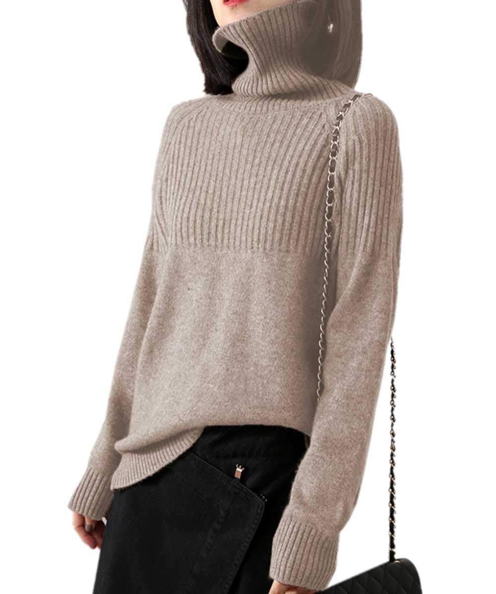 Women's Merino Wool Turtleneck Sweater - Loose Knit Pullover for Winter