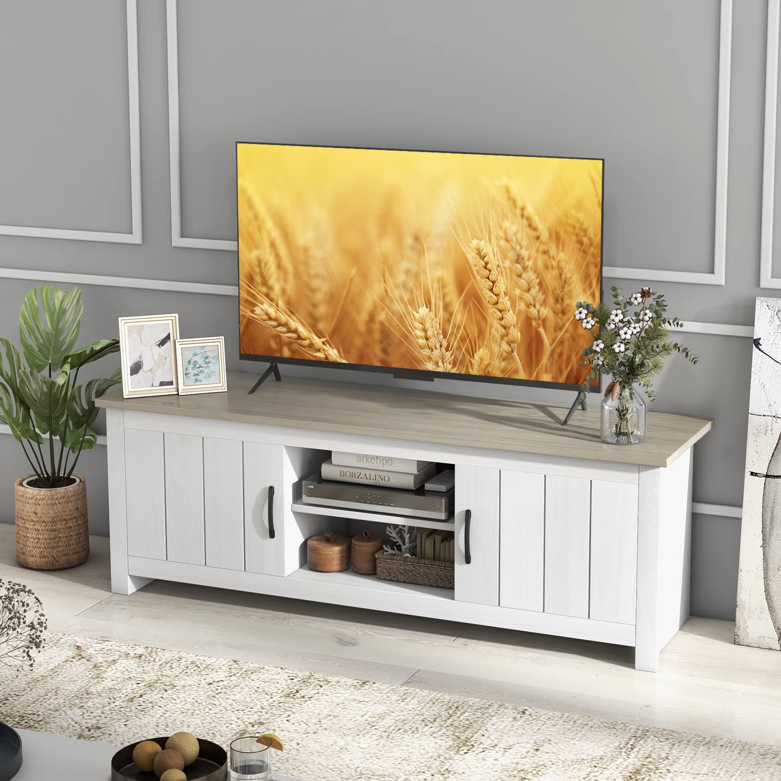 Tangkula 65 Inch TV Stand with 2 Doors & Open Shelves - Wooden Media Console for Living Room, 2 Storage Cabinets & Cable Management Holes - Perfect for Home Theater & Entertainment Systems (White Oak Finish)