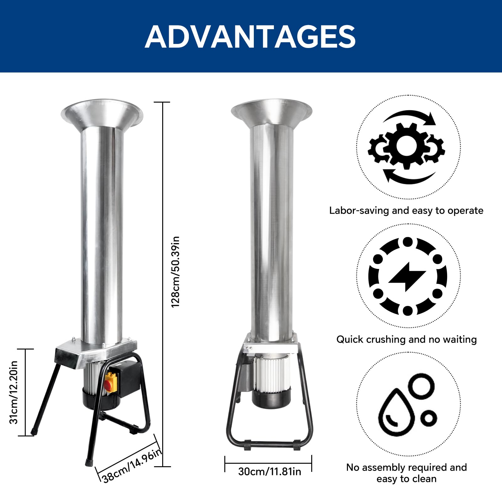 Electric Stainless Steel Fruit Crusher Grinder - 1100W 3400RPM for Wine & Cider Pressing - Perfect for Apples, Grapes, Berries - Ideal for Home Brewing, Juice Making, and DIY Wine Production
