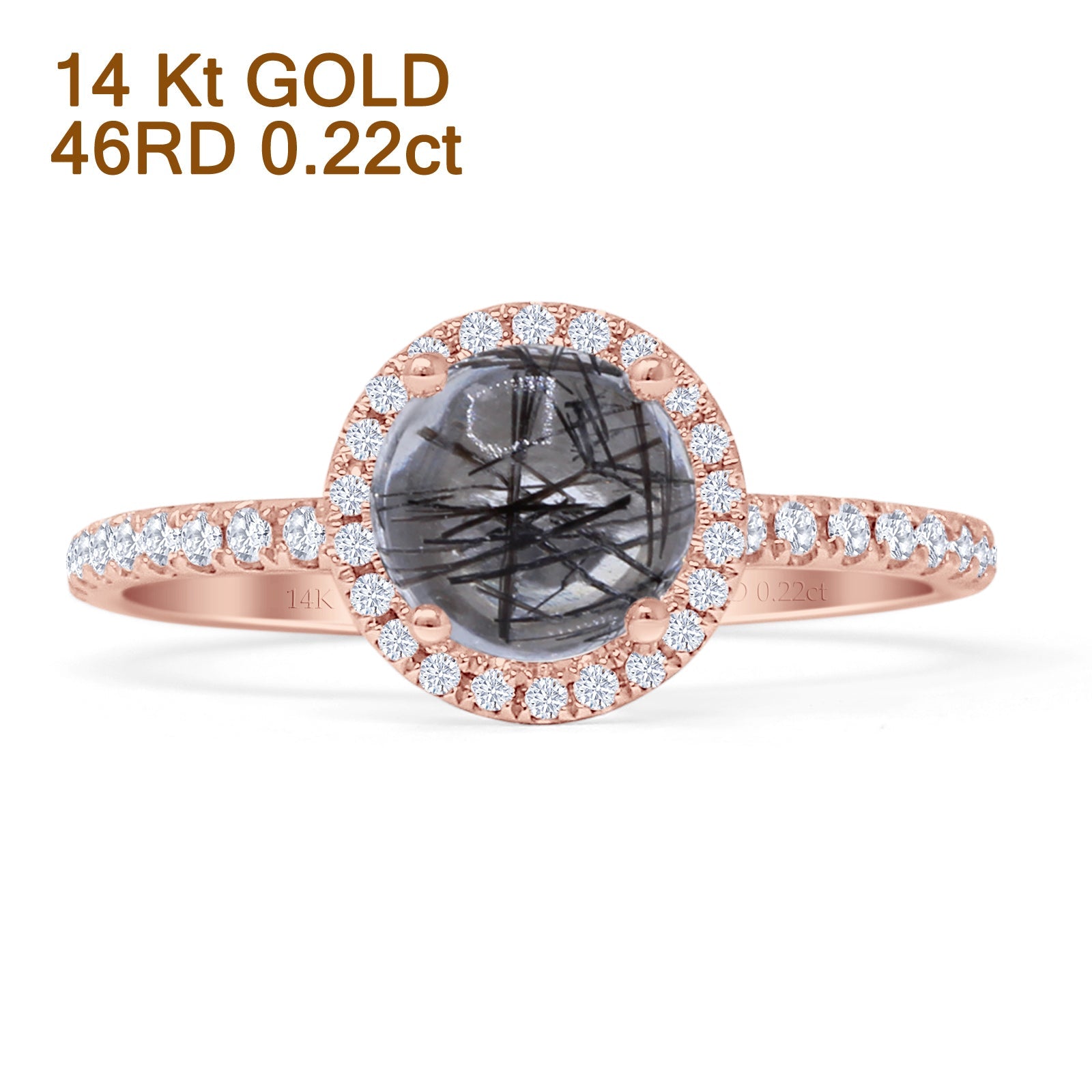 14K Rose Gold Round Halo Natural Rutilated Quartz Diamond Ring for Women - Elegant Engagement, Wedding, Anniversary Jewelry Gift - Perfect for Romantic Occasions & Special Celebrations