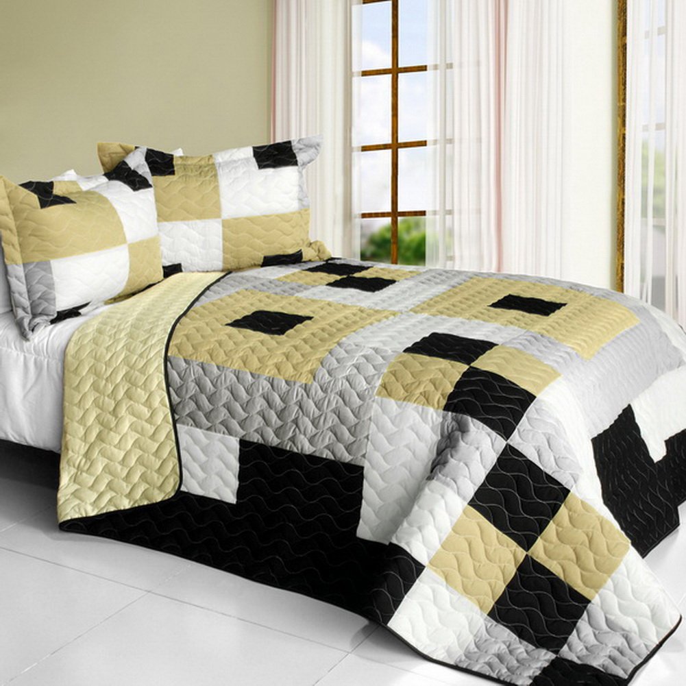 Bee's Garden Vermicelli-Quilted Patchwork Quilt Set Full/Queen Size - Soft & Breathable Bedding for Cozy Home Decor, Perfect for Master Bedroom or Guest Room