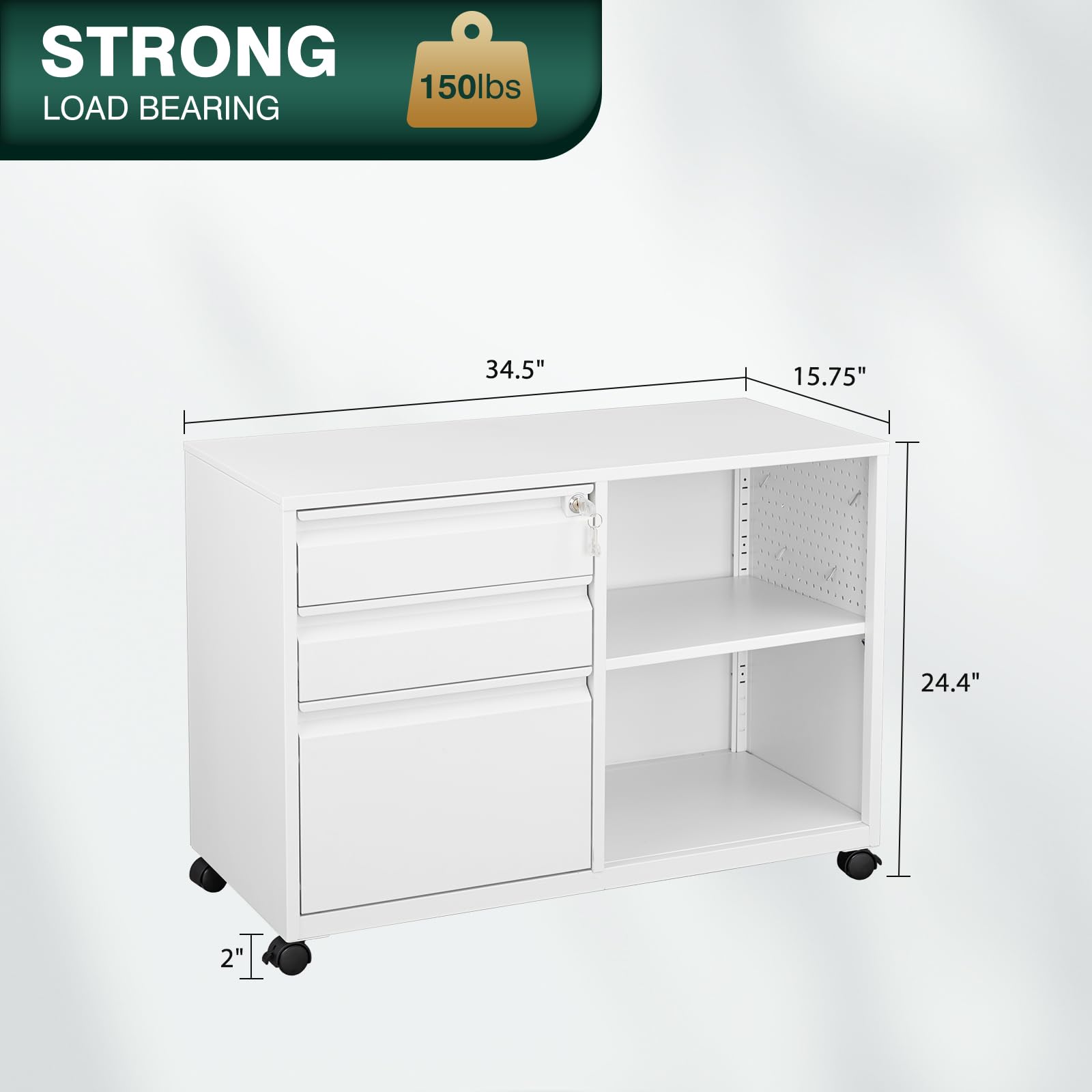 3-Drawer Locking Metal File Cabinet, Mobile Lateral Office Storage with Shelves - White | Home Office Organization, Printer Stand & Document Filing Solution