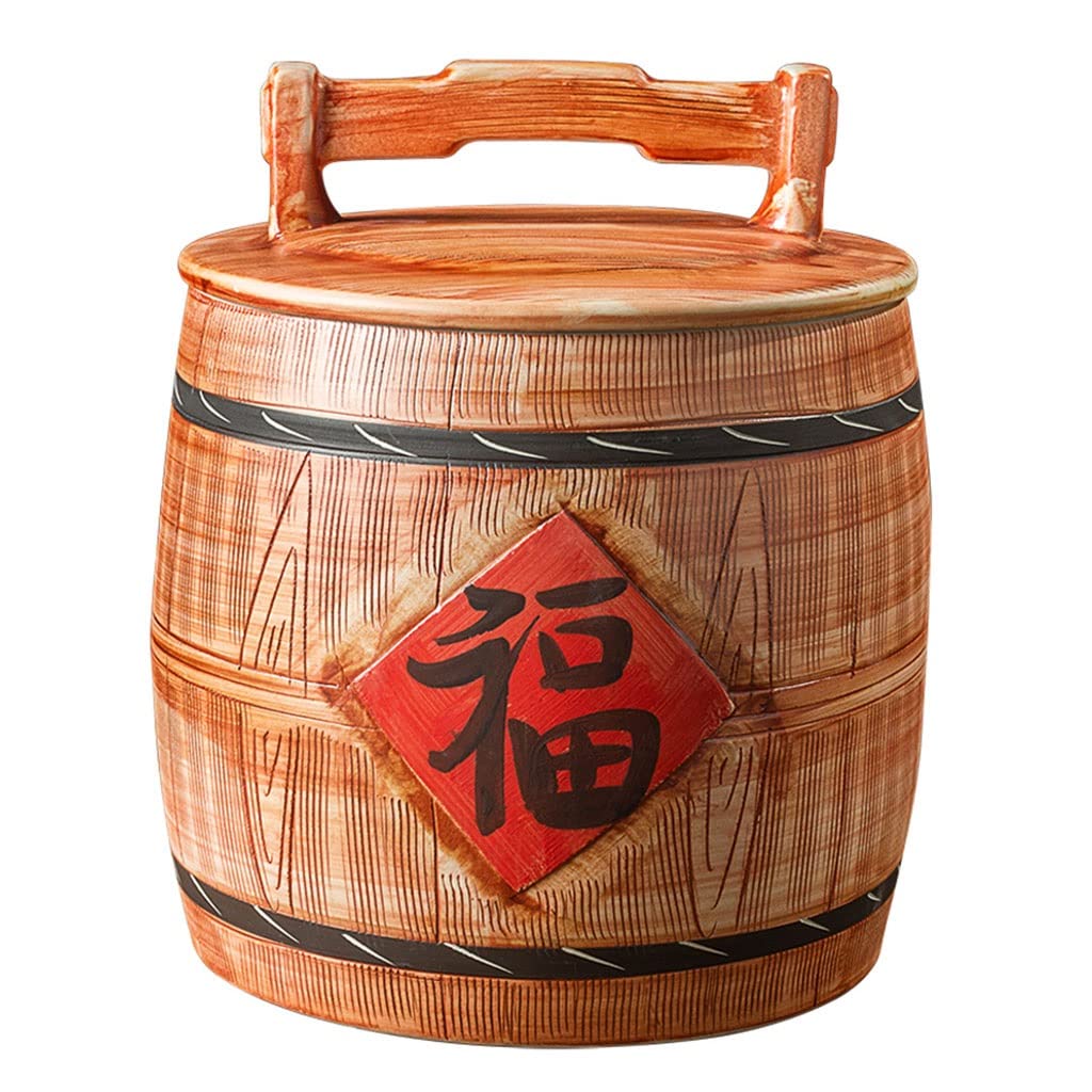 Wood Grain Ceramic Rice Storage Jar with Lid - Airtight Kitchen Container for Flour, Beans & Rice (36x34.4cm, Brown) | Perfect for Pantry Organization & Bulk Food Storage