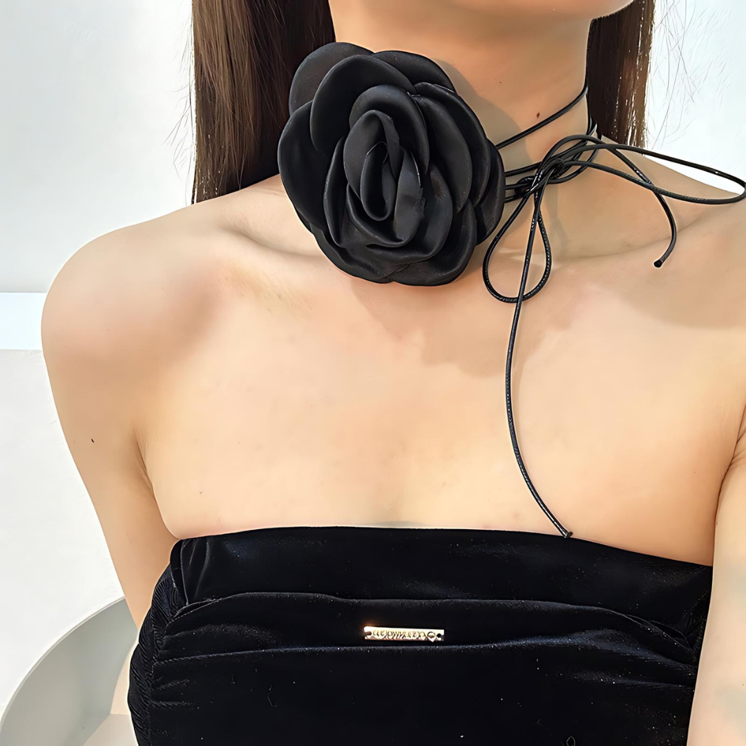 Rose Phantom Flower Suede Choker Necklace | Gothic Victorian Costume Jewelry | Perfect for Halloween, Cosplay & Vintage Fashion Outfits