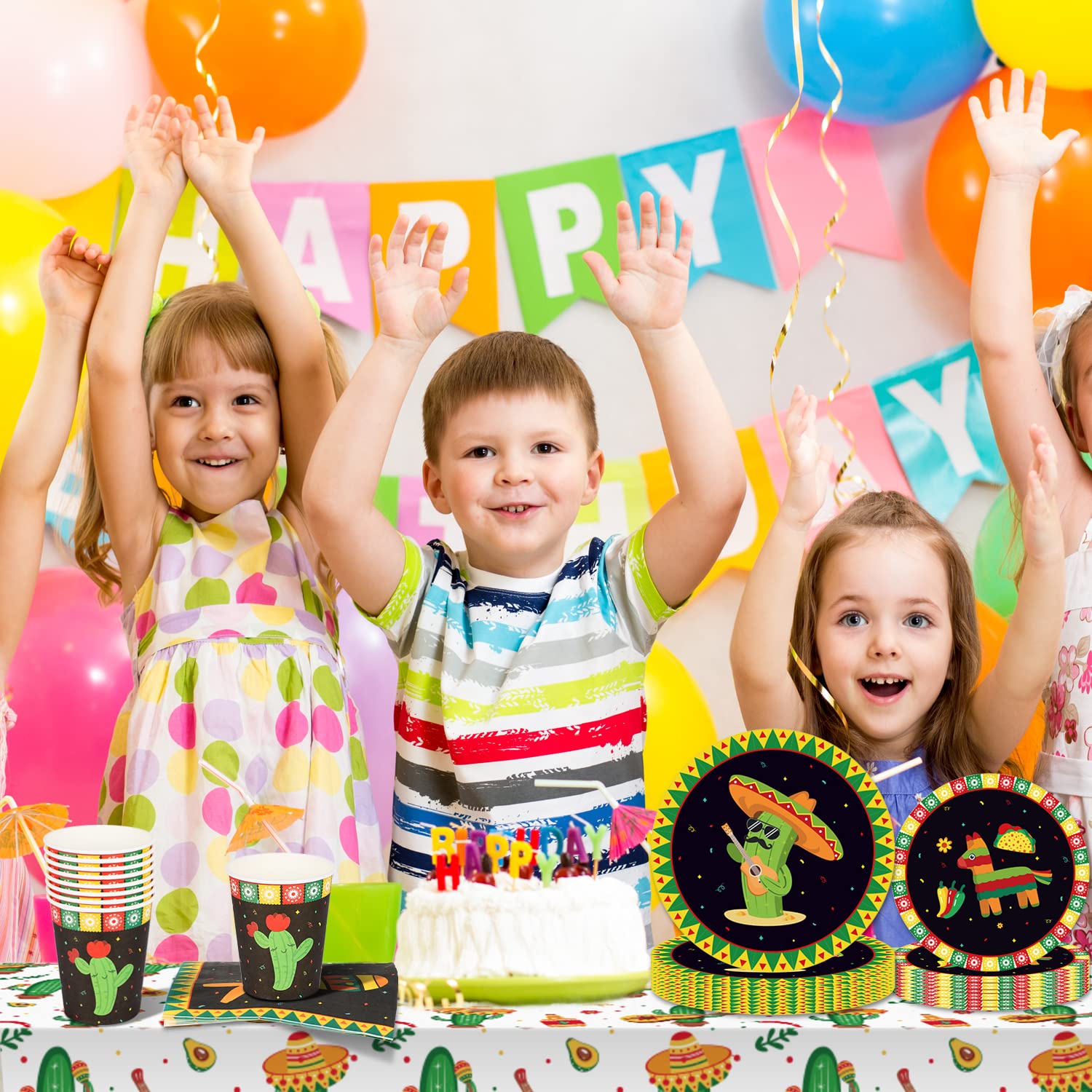 45PCS Mexican Fiesta Party Supplies Set - Cinco de Mayo Decorations with Disposable Tableware for 8 Guests (Plates, Cups, Napkins, Tablecloth) - Cactus Themed Birthday Party Decor - Perfect for Cinco de Mayo Celebrations, Mexican Theme Parties, and Summer Gatherings