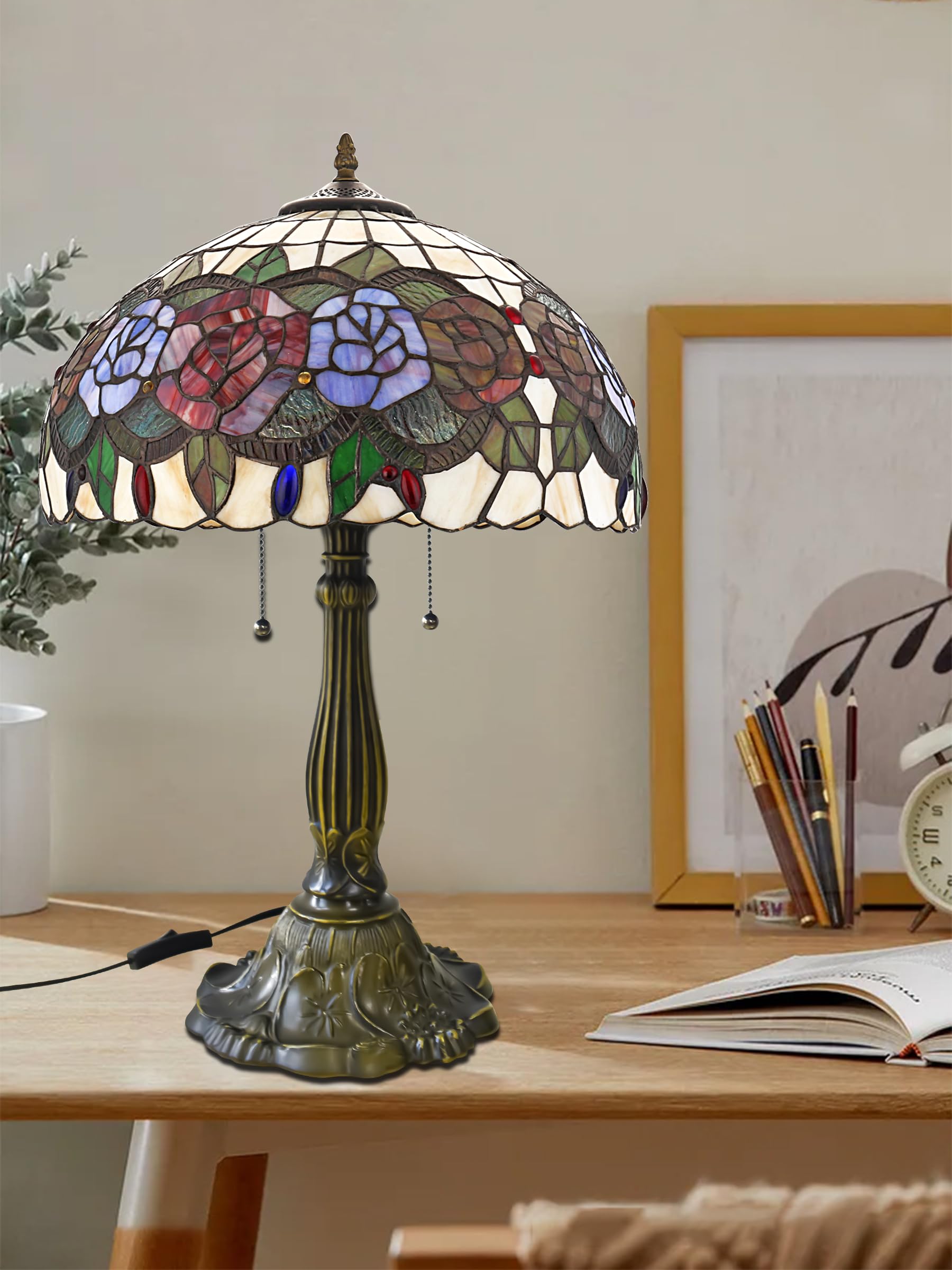 Tiffany Style Stained Glass Rose Table Lamp - 24 Inch Tall, 16 Inch Wide Shade, Antique Zinc Base with 2 Bulbs - Perfect for Living Room, Bedroom, Kitchen & Family Room Decor