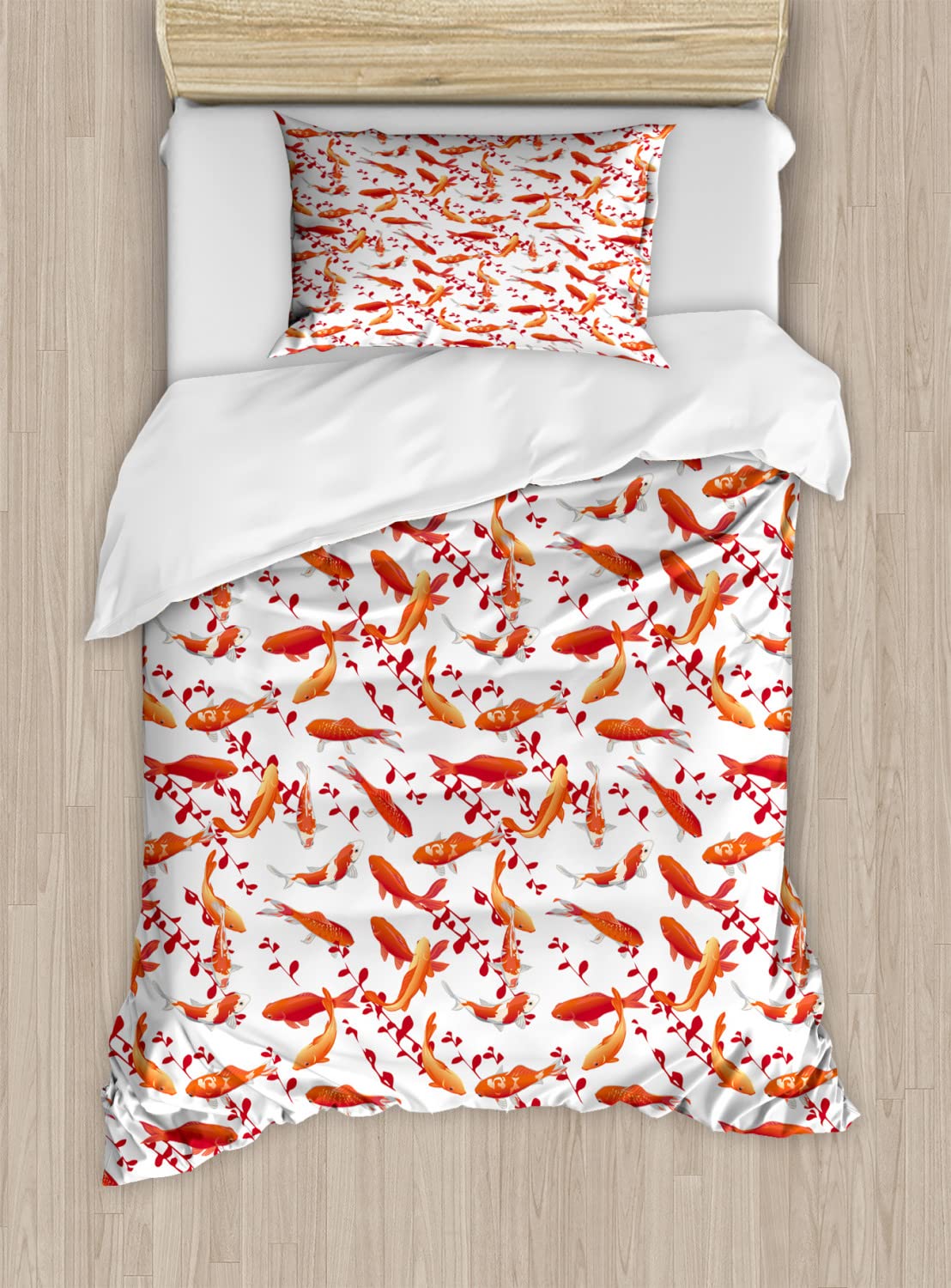 Ambesonne Japanese Traditional Fish Duvet Cover Set - Queen Size 2-Pack with 2 Duvet Covers & 4 Pillowcases - Orange White Aquatic Creature Leaf Branch Abstract Design for Bedroom Decor | Perfect for Asian-Themed Home, Guest Room or Coastal Style Bedding