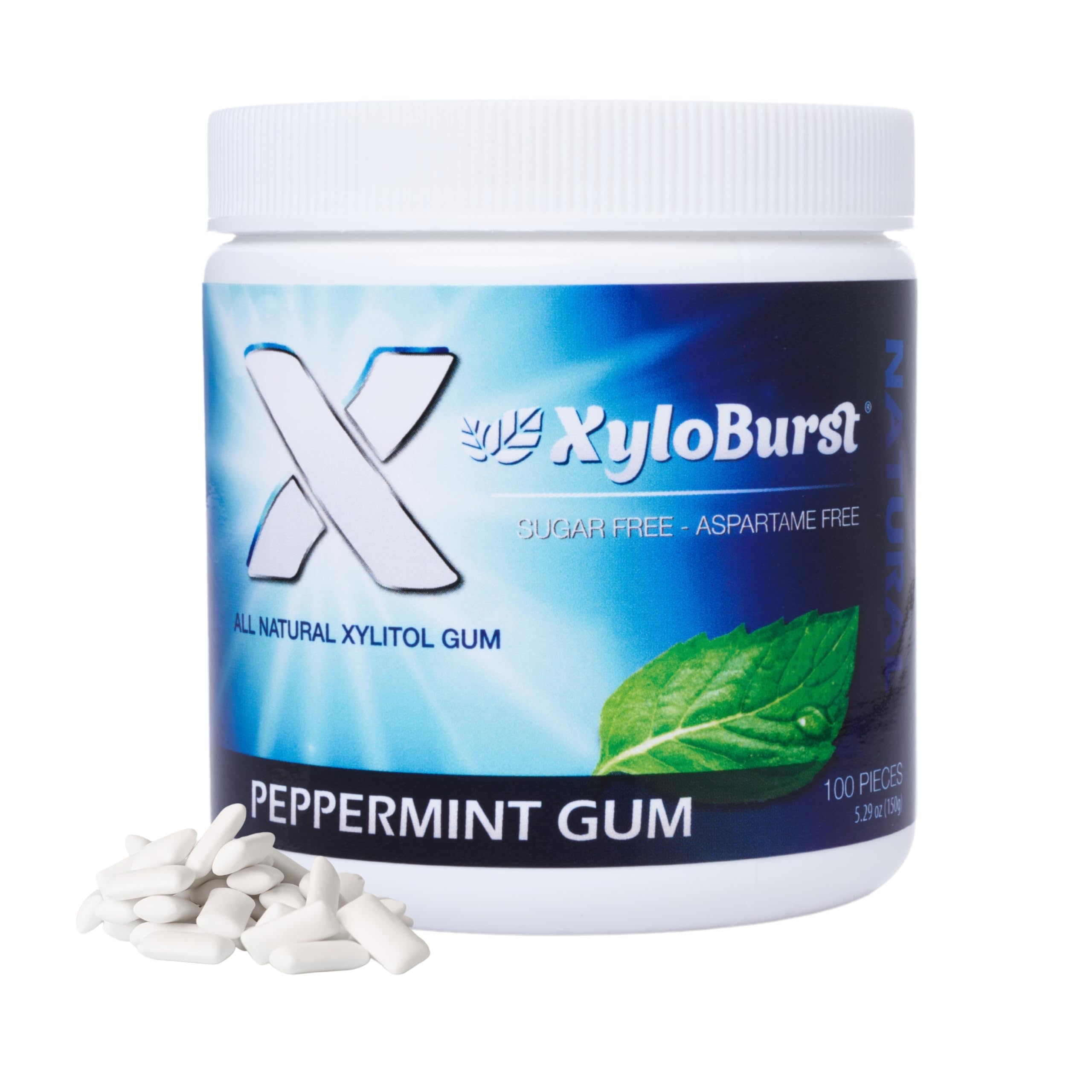 XyloBurst Xylitol Chewing Gum - Sugar Free, Gluten Free, Keto Friendly, Aspartame Free - Peppermint Flavor for Fresh Breath & Oral Health - 100 Count Jar - Perfect for Workouts, Travel & Daily Freshness