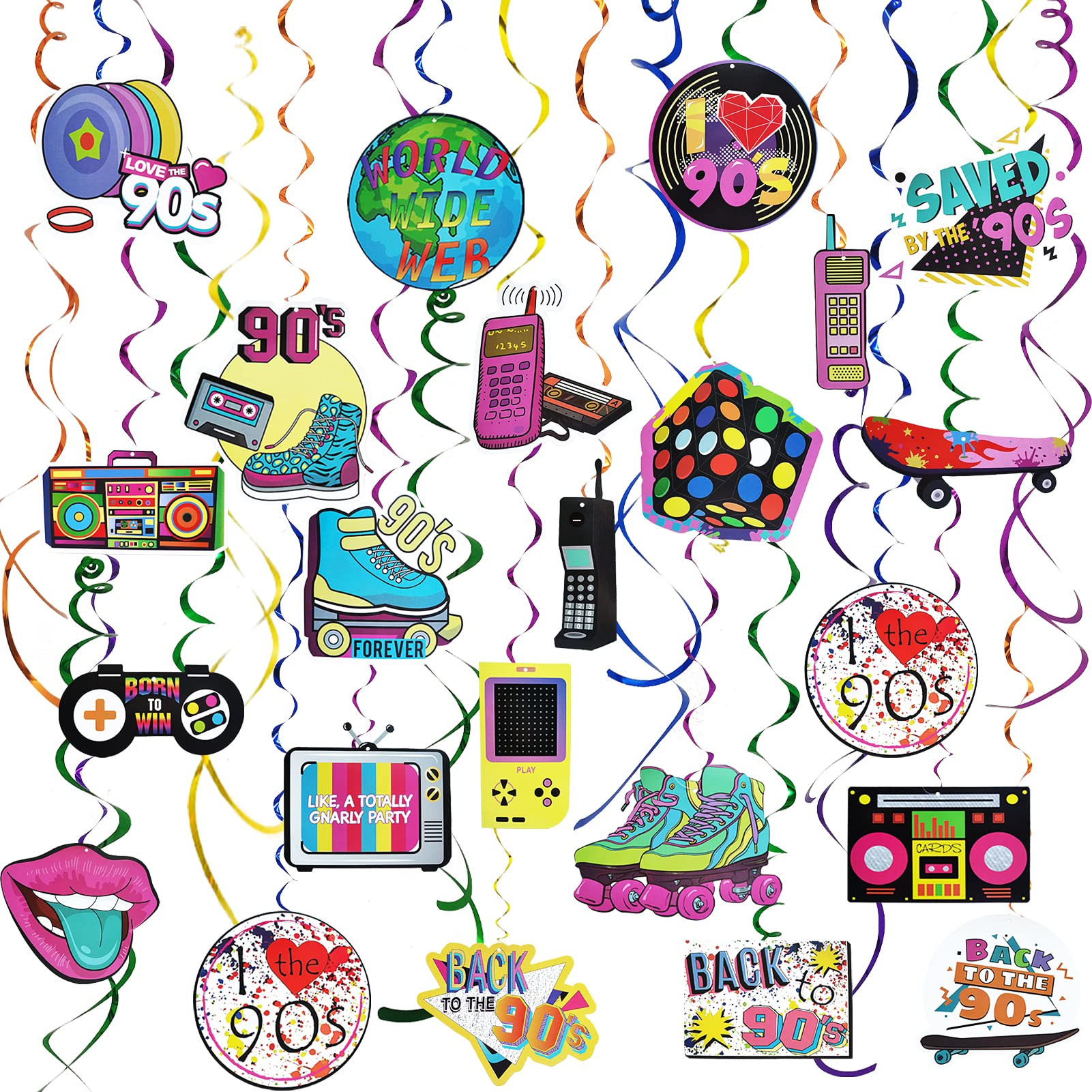 90s Party Decorations - 30 Pcs Hanging Swirls for 90s Theme Birthday, Back to 1990s Party Supplies - Perfect for Adult Retro Parties, School Dances & 90s Themed Events