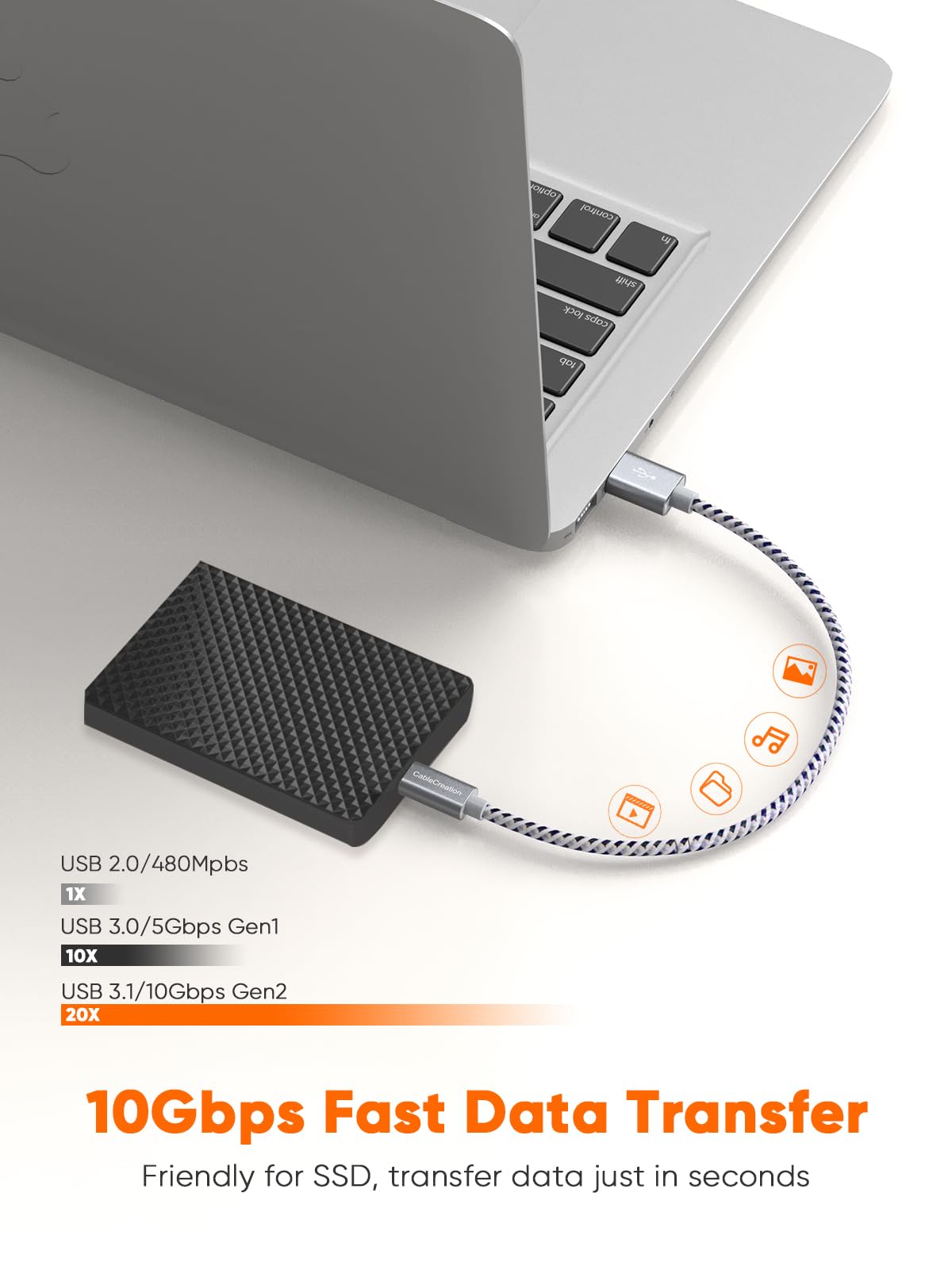 CableCreation 10Gbps USB C to USB A Cable 1FT - High Speed USB 3.2 Gen 2 Data Transfer & Charging Cord for iPhone 16/15, MacBook, Galaxy S24, Pixel, iPad, External SSD - Perfect for Android Auto, CarPlay & Fast File Transfers