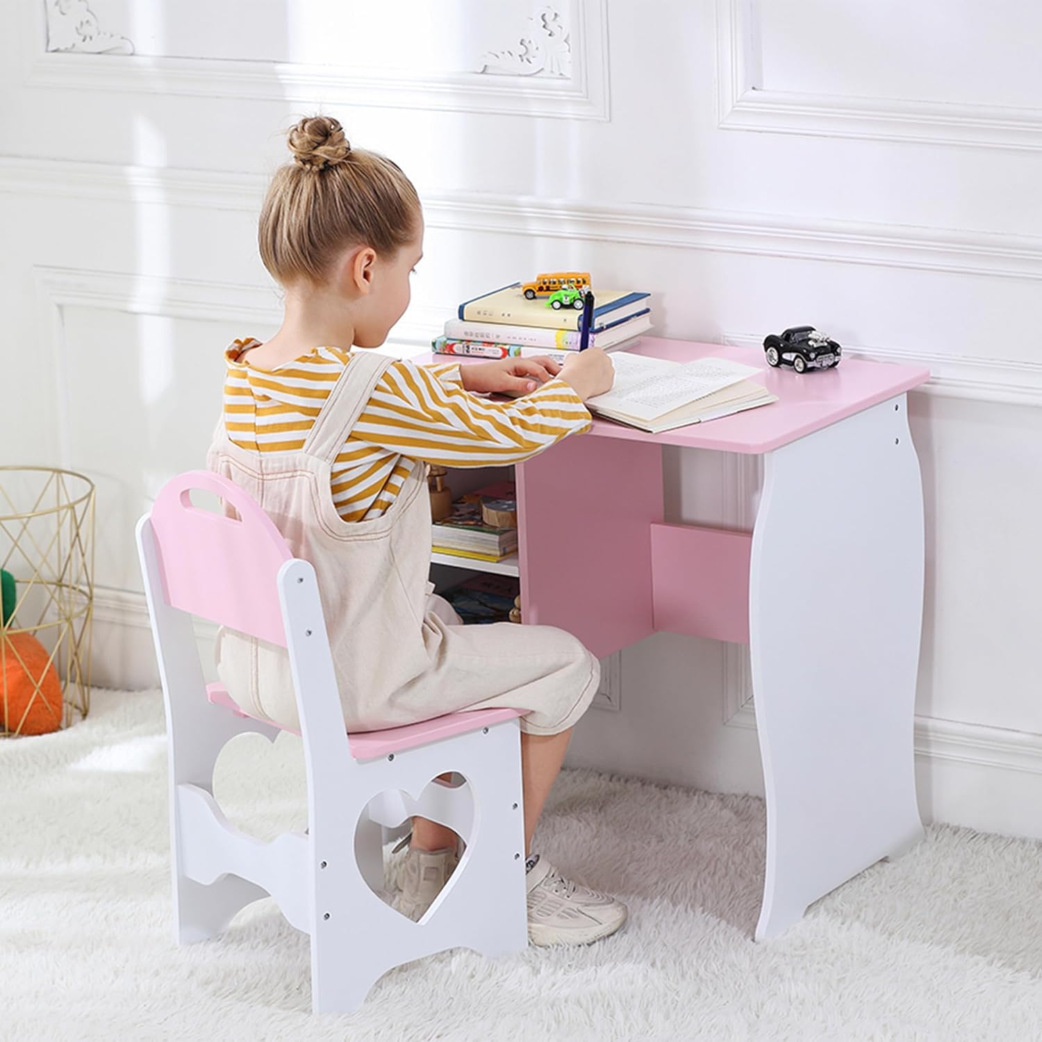 Kids Study Desk and Chair Set with Storage Shelf - Wooden School Table for Homeschooling, Writing & Learning - Perfect for Bedroom, Playroom & Home Classroom (Pink & White)