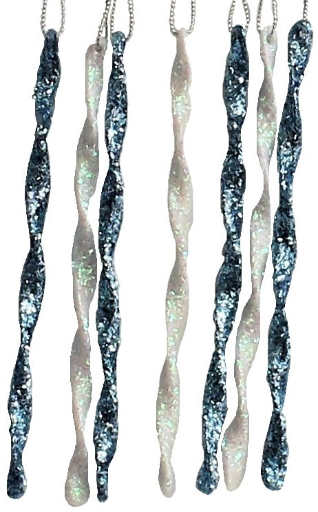7 Pack Glitter Icicle Christmas Tree Ornaments - Navy, Turquoise, White & Silver - Perfect for Holiday Decor, Party Favors & DIY Crafts