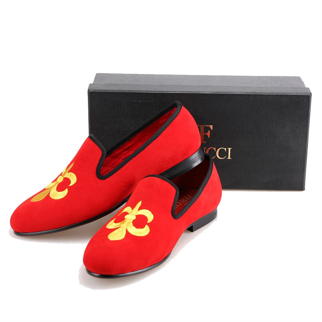 FERUCCI Handmade Men's Red Velvet Loafers with Gold Fleur de Lis - Luxurious House Slippers for Indoor Comfort & Elegant Lounge Wear