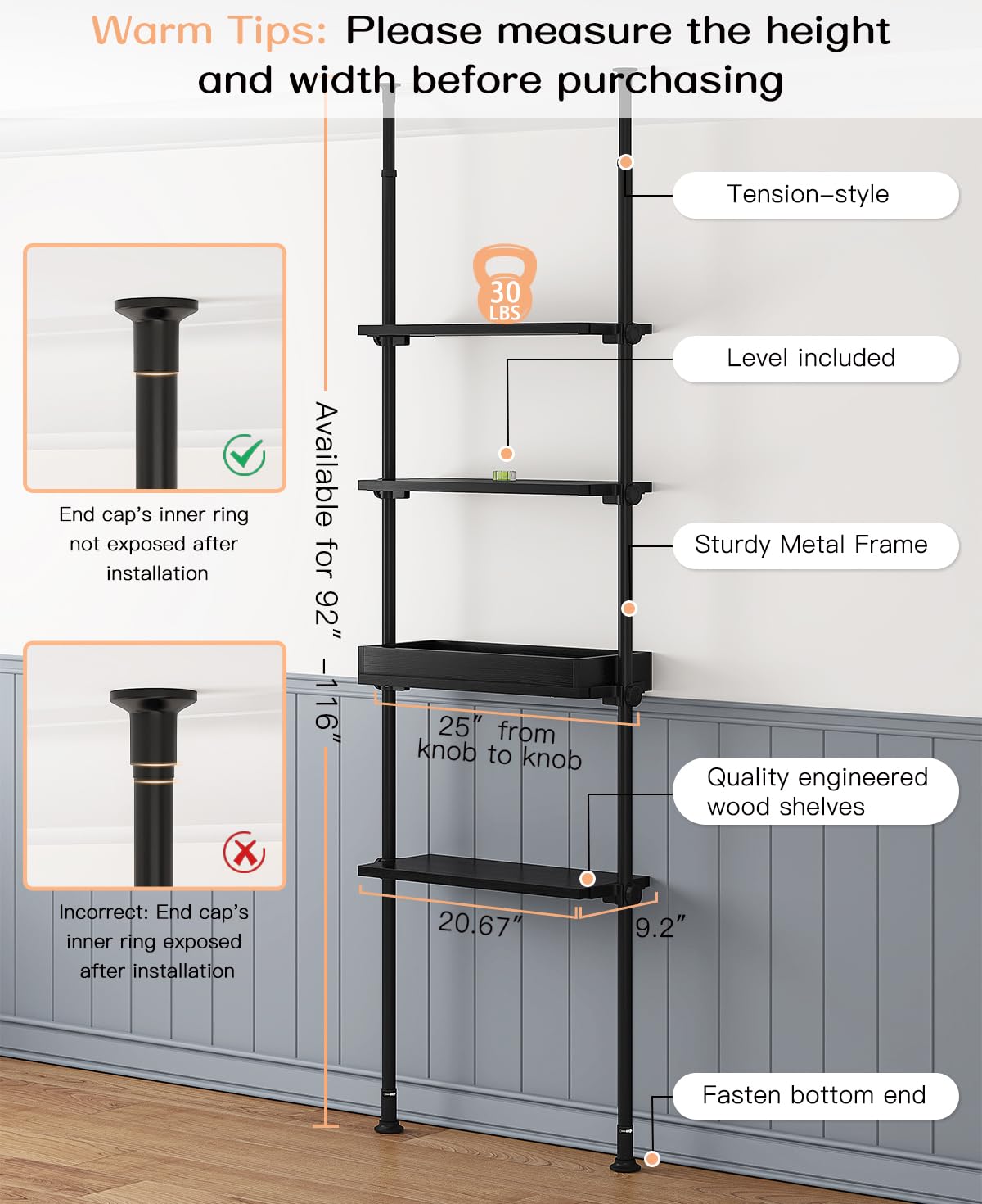 ALLZONE 4-Tier Over The Toilet Storage Shelf - Adjustable Wood Bathroom Organizer Cabinet for Small Spaces (92