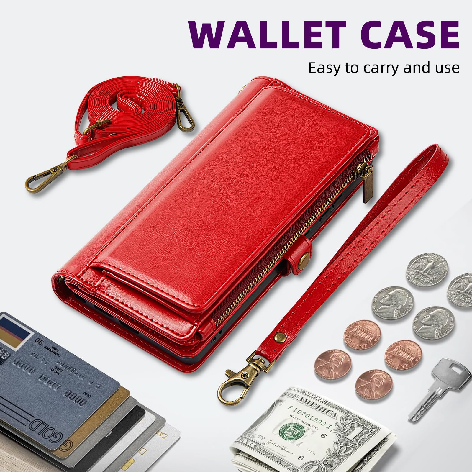 MInCYB iPhone 16 Pro Max Wallet Case with Crossbody Strap - Magnetic Detachable PU Leather RFID Blocking Card Holder for Women & Men (6.7 Inch, Red) - Perfect for Travel, Shopping & Everyday Use