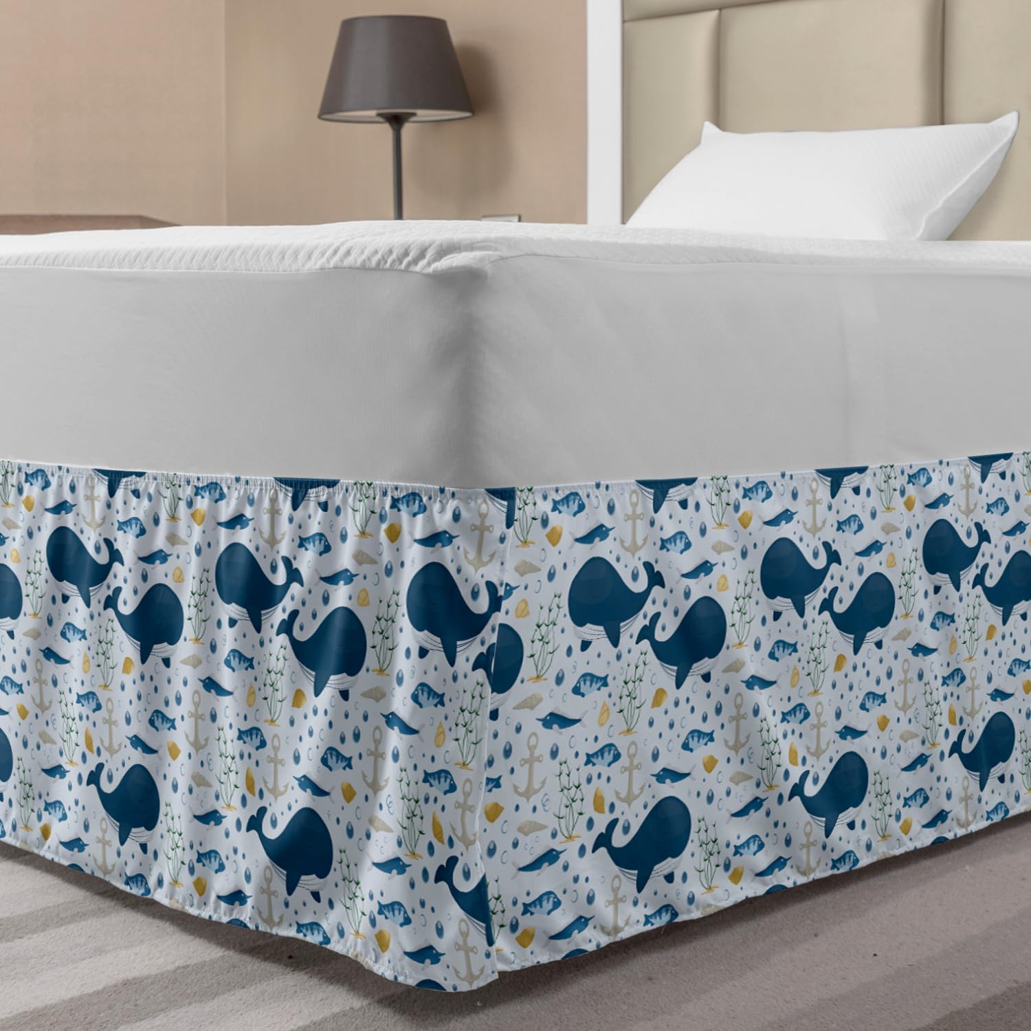 Ambesonne Whale Print Elastic Bed Skirt - Twin/Twin XL Size, Underwater Ocean Theme with Anchor & Seaweed Design, Pale Blue Multicolor Wrap Around Dust Ruffle for Bedroom Decor | Perfect for Coastal, Nautical or Kids' Room Themes