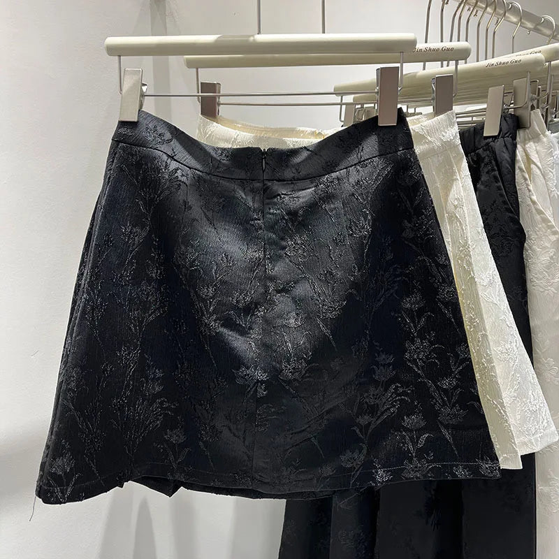 Beige Floral Embroidered Women's Pleated Skirt - 2024 New Chinese Style High Waist A-Line Retro Mini Skirt for Spring & Summer | Perfect for Casual Outings, Date Nights & Boho Fashion