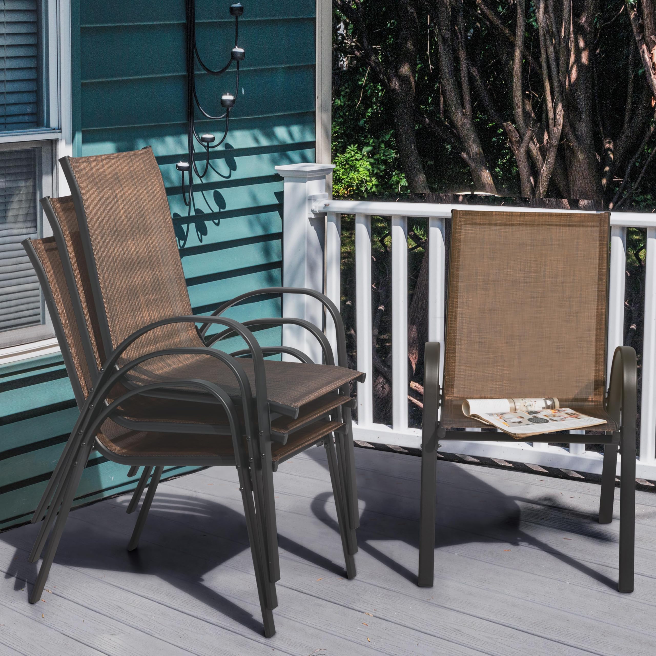 NUU GARDEN Patio Dining Chairs Set of 4 - Stackable Outdoor Chairs with High Back, All-Weather Textilene & Durable Metal Frame - Breathable Garden Chairs for Backyard, Deck, Poolside - Perfect for Outdoor Dining, Lounging & Entertaining (Brown)