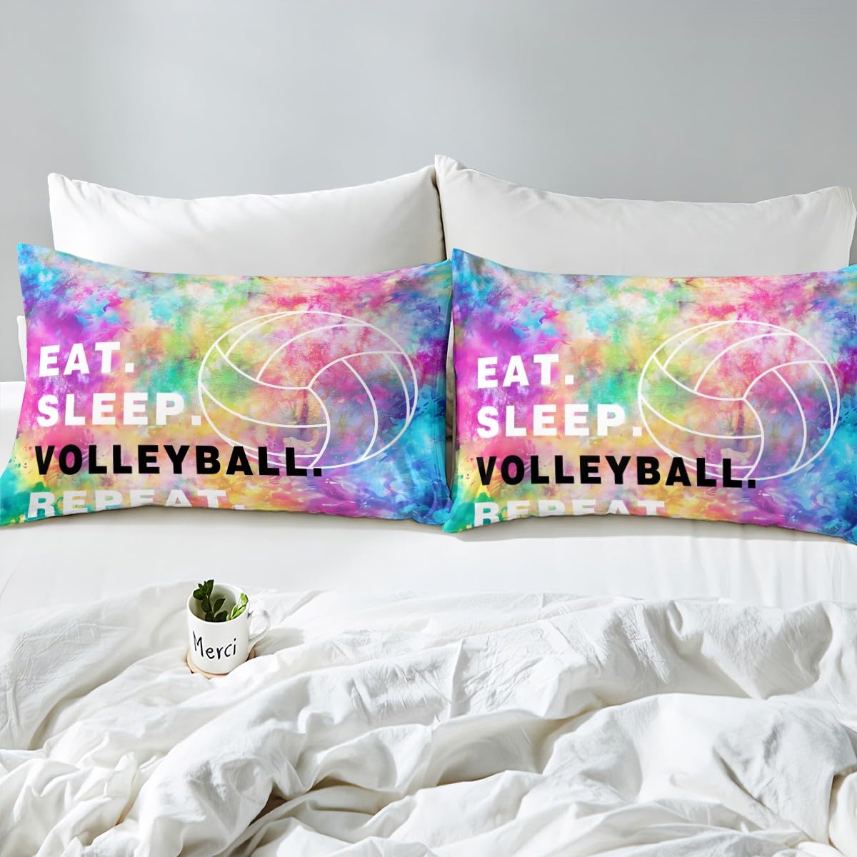 Feelyou Volleyball Fitted Sheet Twin Size - Tie Dye Sports Bedding Set for Kids & Teens - Lightweight Breathable Volleyball-Themed Bed Cover (No Flat Sheet) - Perfect for Dorm Rooms, Sleepovers & Sports Fans