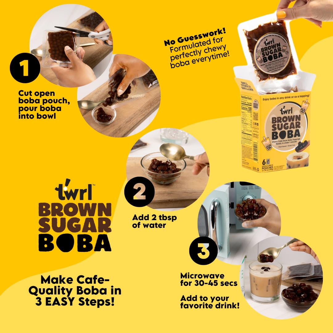 Twrl Brown Sugar Boba Bubble Tea Toppings - Authentic Taiwanese Tapioca Pearls for Milk Tea & Coffee | Gluten-Free, Vegan, Instant Boba (6 Single-Serve Pack) | Perfect for Home Bubble Tea, Coffee Shops & Dessert Toppings