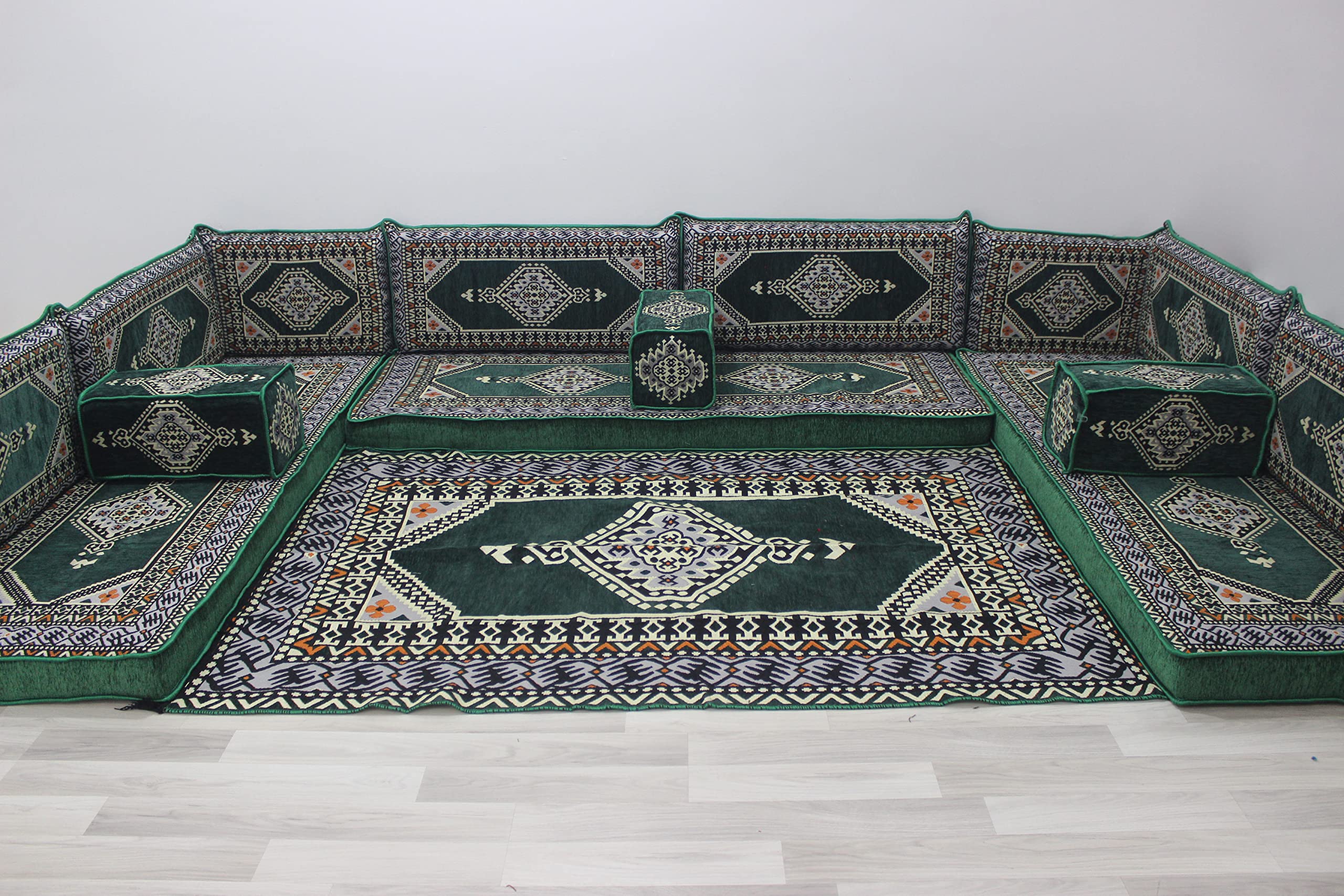 U-Shaped Arabic Sofa Set - Modern Majlis Floor Couch with Plush Cushions & Matching Rug - Cozy Indoor Living Room Seating for Home, Lounge & Entertaining