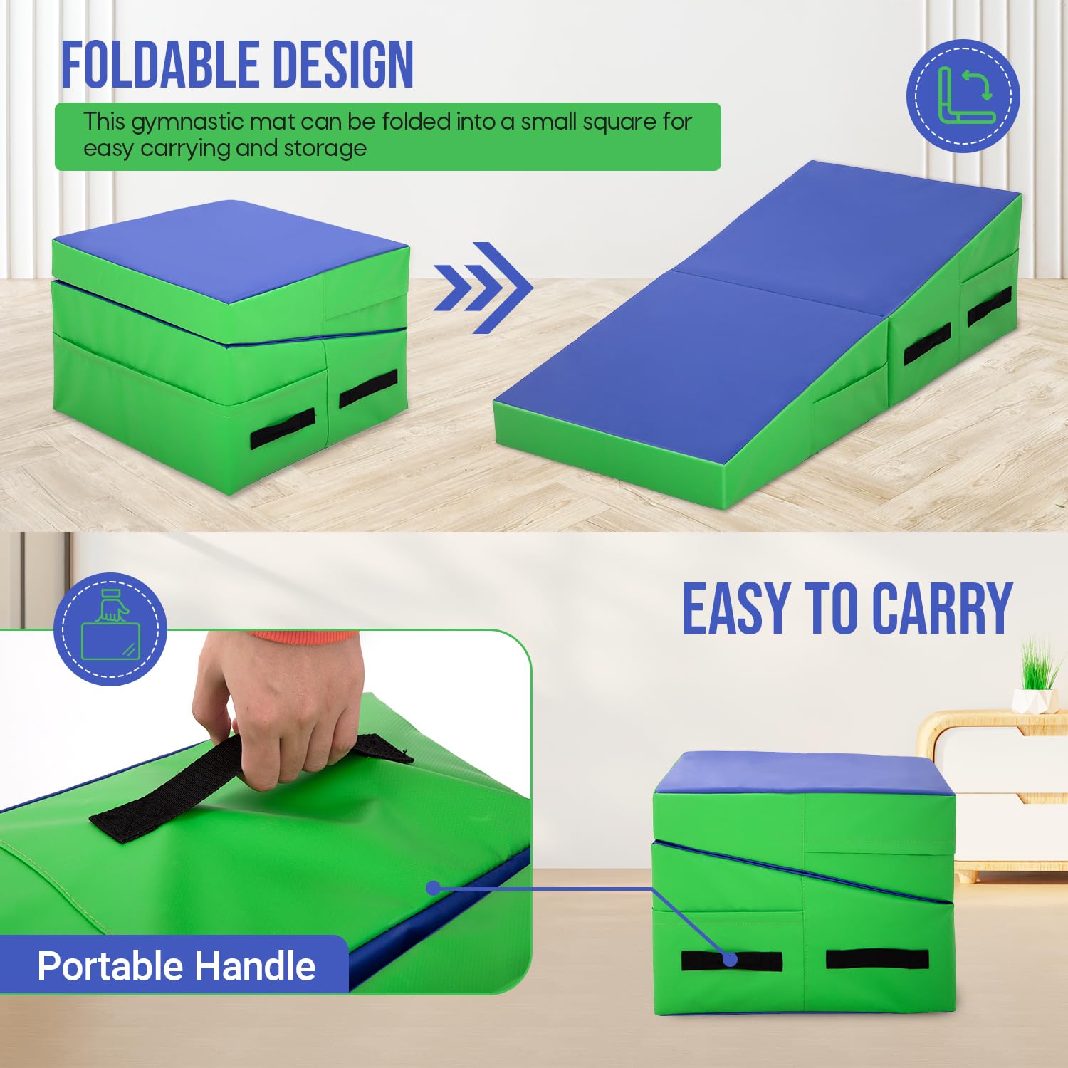 Non-Slip PU Folding Gymnastics Incline Mat - Wedge Cheese Tumbling & Yoga Exercise Mat for Home Gym with Handles | Perfect for Gymnastics Training, Yoga Practice & Home Workouts