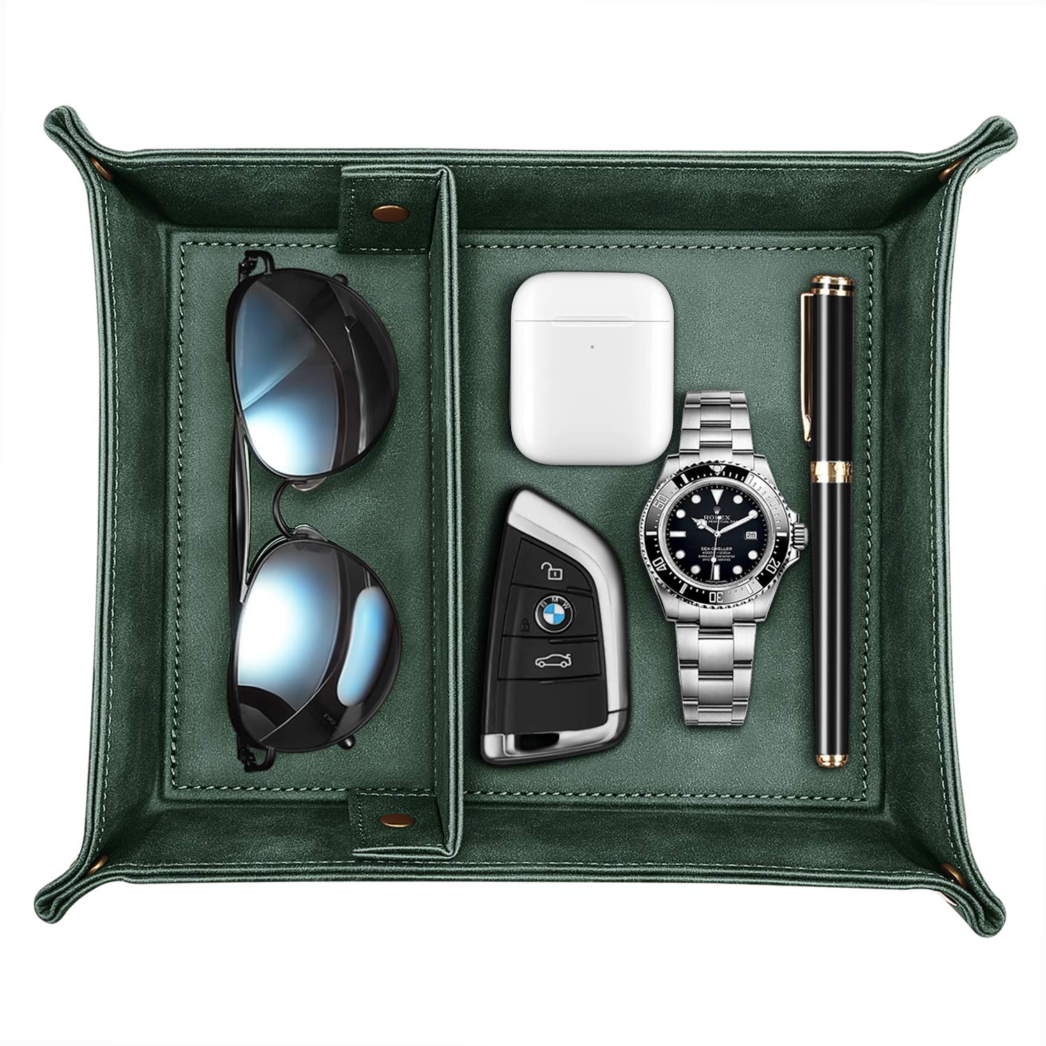 SITHON Valet Tray - 2 Compartment Desktop Organizer with Removable Dividers | Nightstand Catchall Tray for Jewelry, Keys & Essentials | Dark Green Storage Plate for Bedroom, Office & Vanity