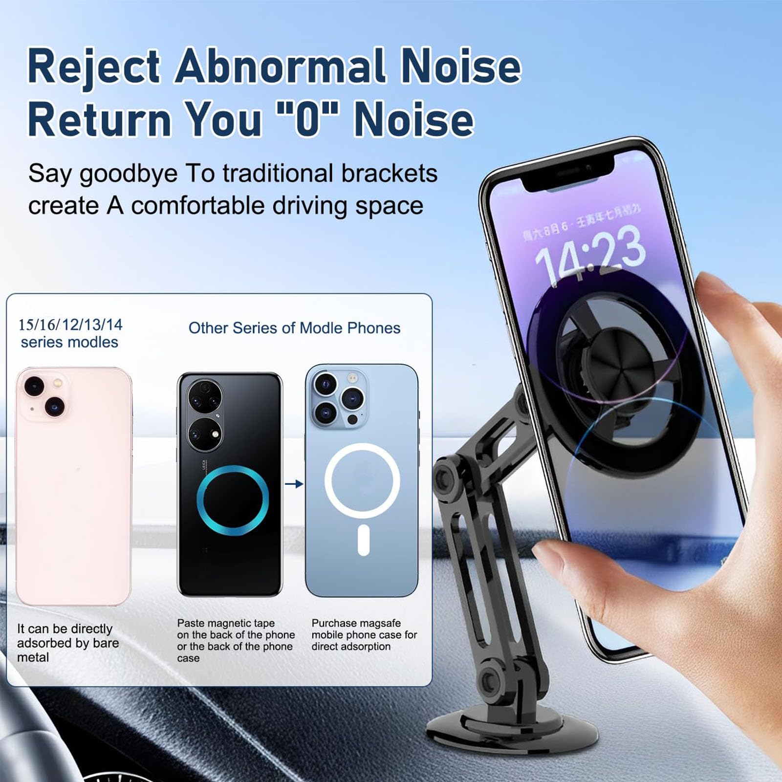360° Universal Magnetic Car Phone Holder - Super Strong Alloy Dashboard Mount for iPhone, Samsung & All Smartphones | Foldable & Adjustable for Safe Driving (Silver) - Perfect for GPS Navigation & Hands-Free Calling