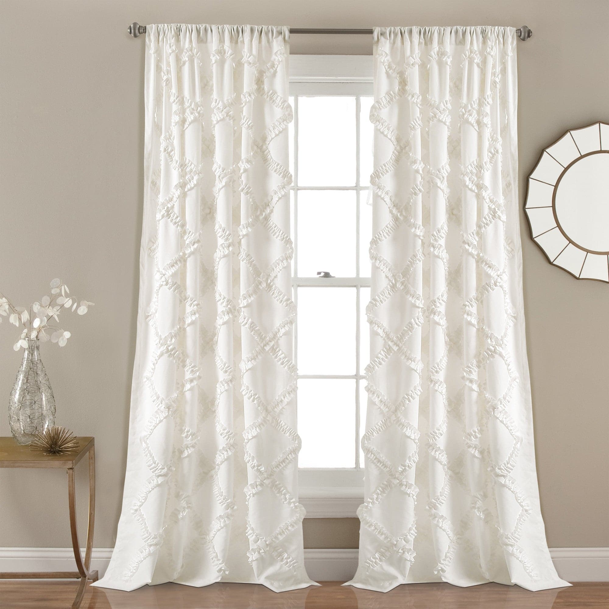 Elegant Ruffle Diamond Window Curtain Set - Blackout Sheer Panels for Living Room & Bedroom - Home Decor for French Doors, Bay Windows & Nursery (Set of 2)