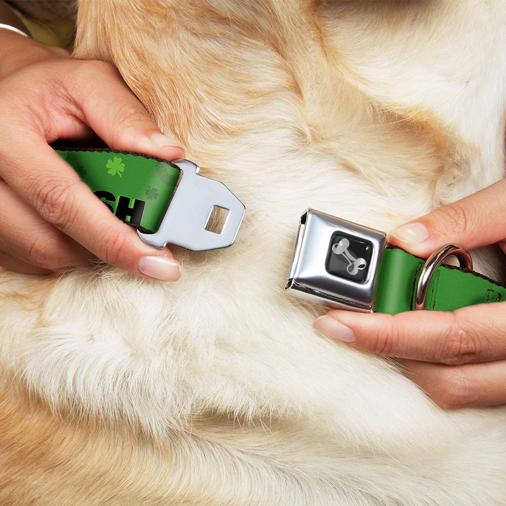Dog Seatbelt Collar with Buckle - Kiss Me I'm Irish Clover Design, Green & Black, 16-23 Inches, 1.5 Inch Wide - Safe Car Travel for Medium Dogs