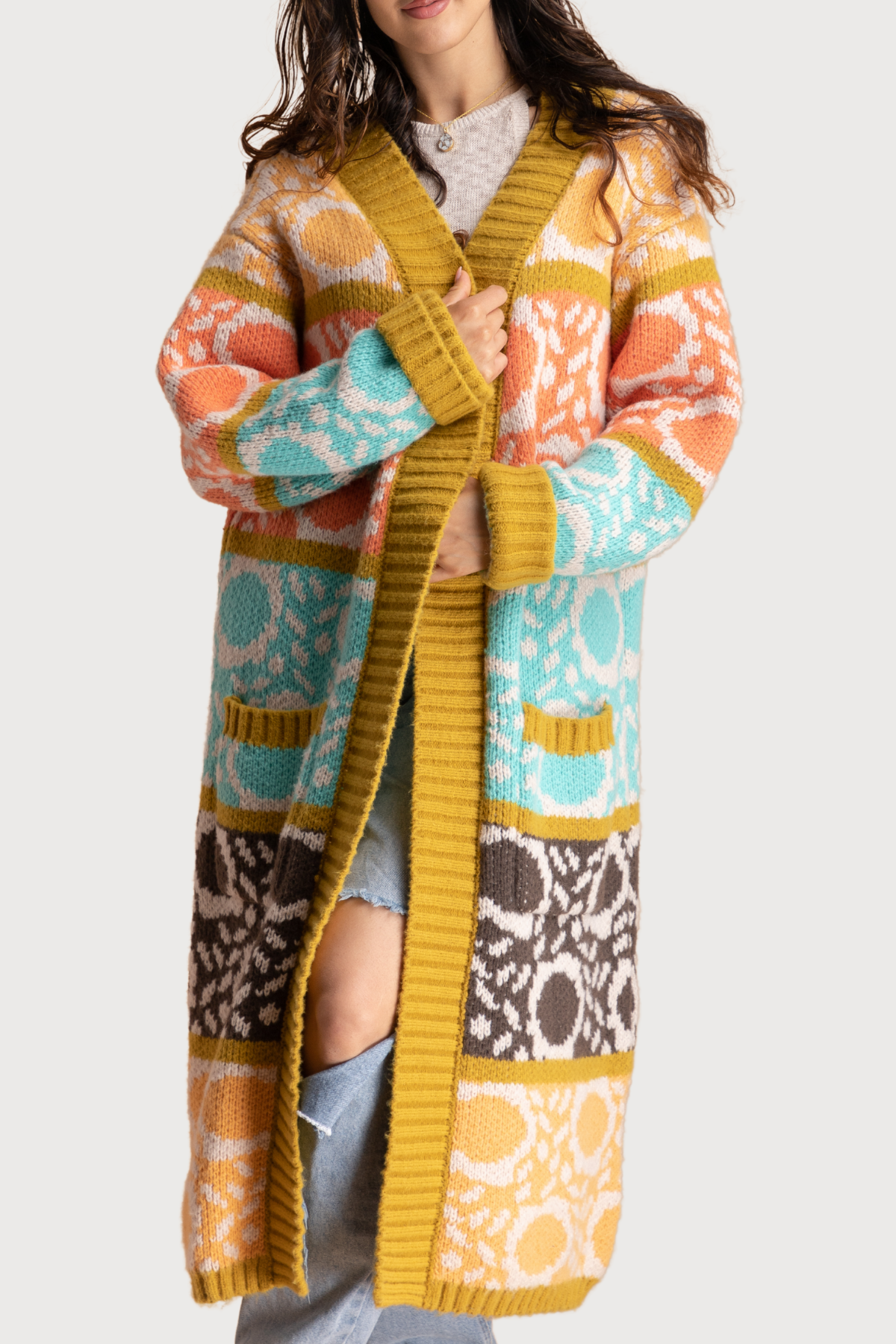 Carina Multi Long Knit Kimono - Lightweight Open Front Cardigan for Women, Boho Chic Lace Trim Cover Up, Perfect for Beach, Vacation & Lounge Wear