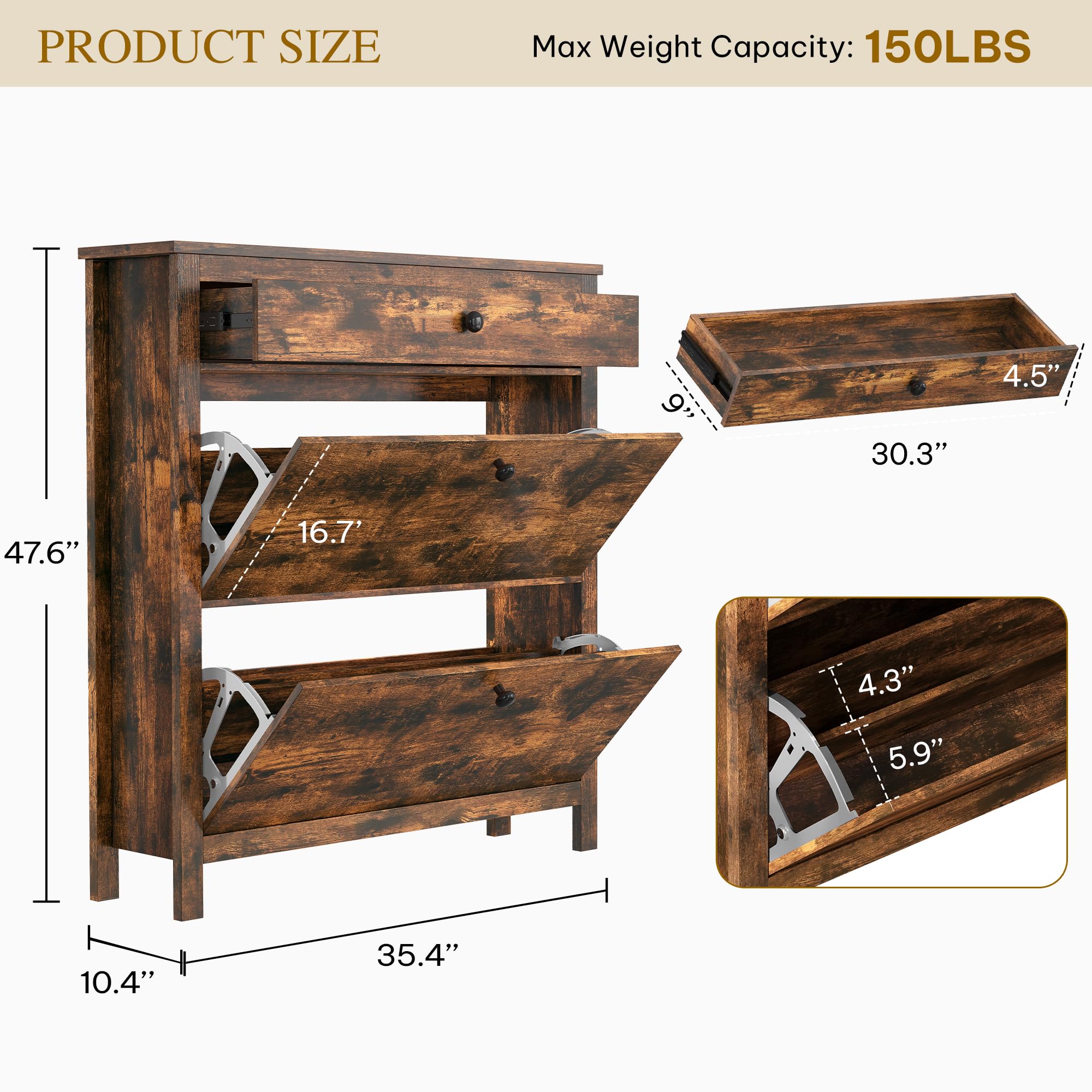 DWVO 2-Tier Flip Drawer Shoe Cabinet - Slim Space-Saving Shoe Storage Organizer with Metal Frame, Adjustable & Removable Hidden Shoe Rack - Free Standing Entryway Hallway Furniture (Brown) - Perfect for Small Apartments & Closet Organization