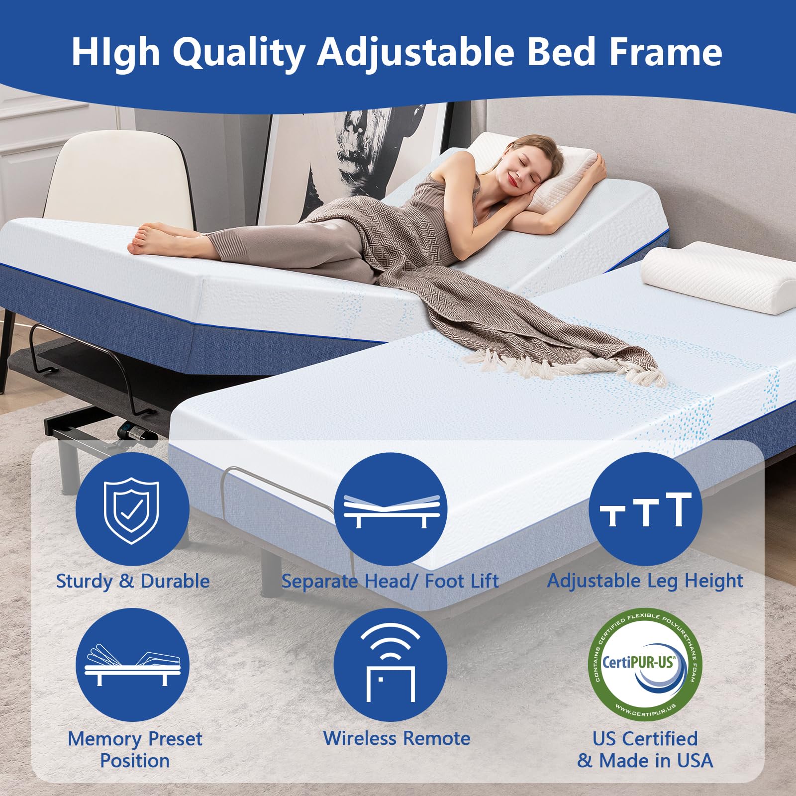 Twin XL Adjustable Bed Base with 12 Inch Gel Memory Foam Mattress - Medium Firm Mattress in a Box, Wireless Remote Control, Head/Foot Lift Electric Smart Bed Frame - Perfect for Back Pain Relief, Reading & Watching TV in Bed