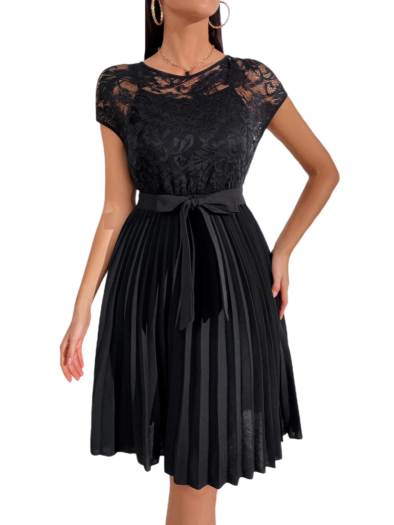 SheIn Women's Floral Lace Short Sleeve A-Line Dress with Pleated Tie Waist - Perfect for Summer Parties, Weddings & Casual Outings